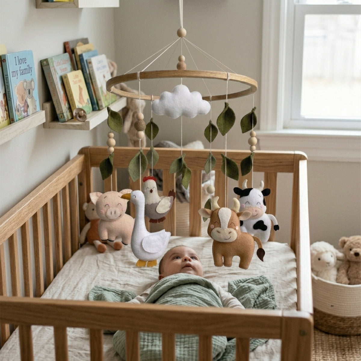 Farm Animals Baby Mobile – Handmade Felt Cow, Pig, Goose & Chicken | Farmhouse Nursery Decor with Cloud & Leaves