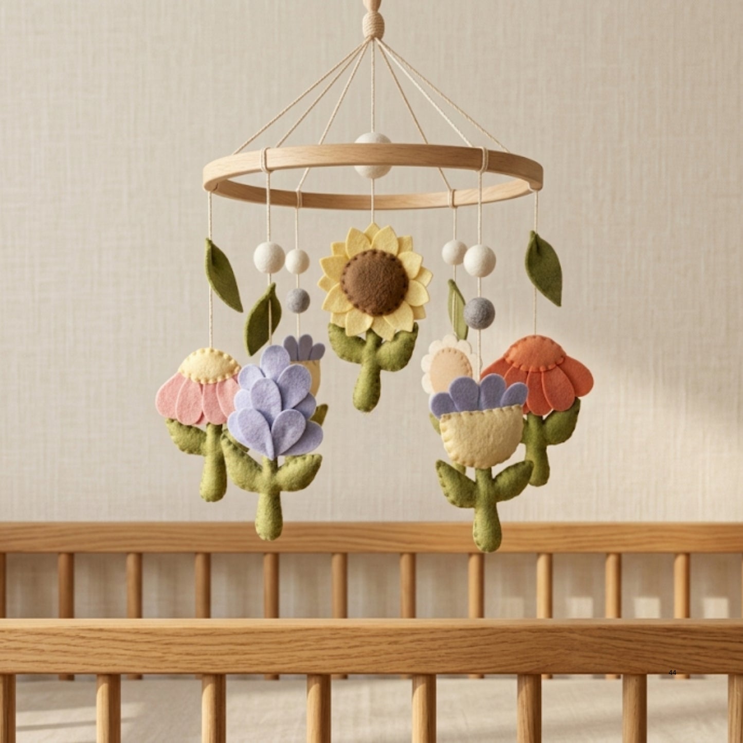 Floral Baby Mobile – Handmade Felt Flowers with Sunflower, Tulip & Daisy | Boho Garden Girl Nursery Decor