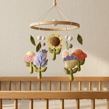 Floral Baby Mobile – Handmade Felt Flowers with Sunflower, Tulip & Daisy | Boho Garden Girl Nursery Decor