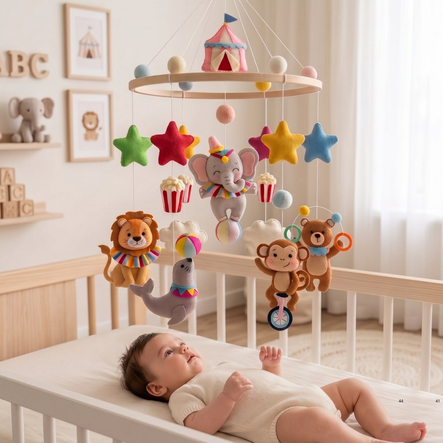 Circus Animals Baby Mobile – Handmade Felt Elephant, Lion, Monkey, Seal & Bear | Colorful Circus Nursery Decor