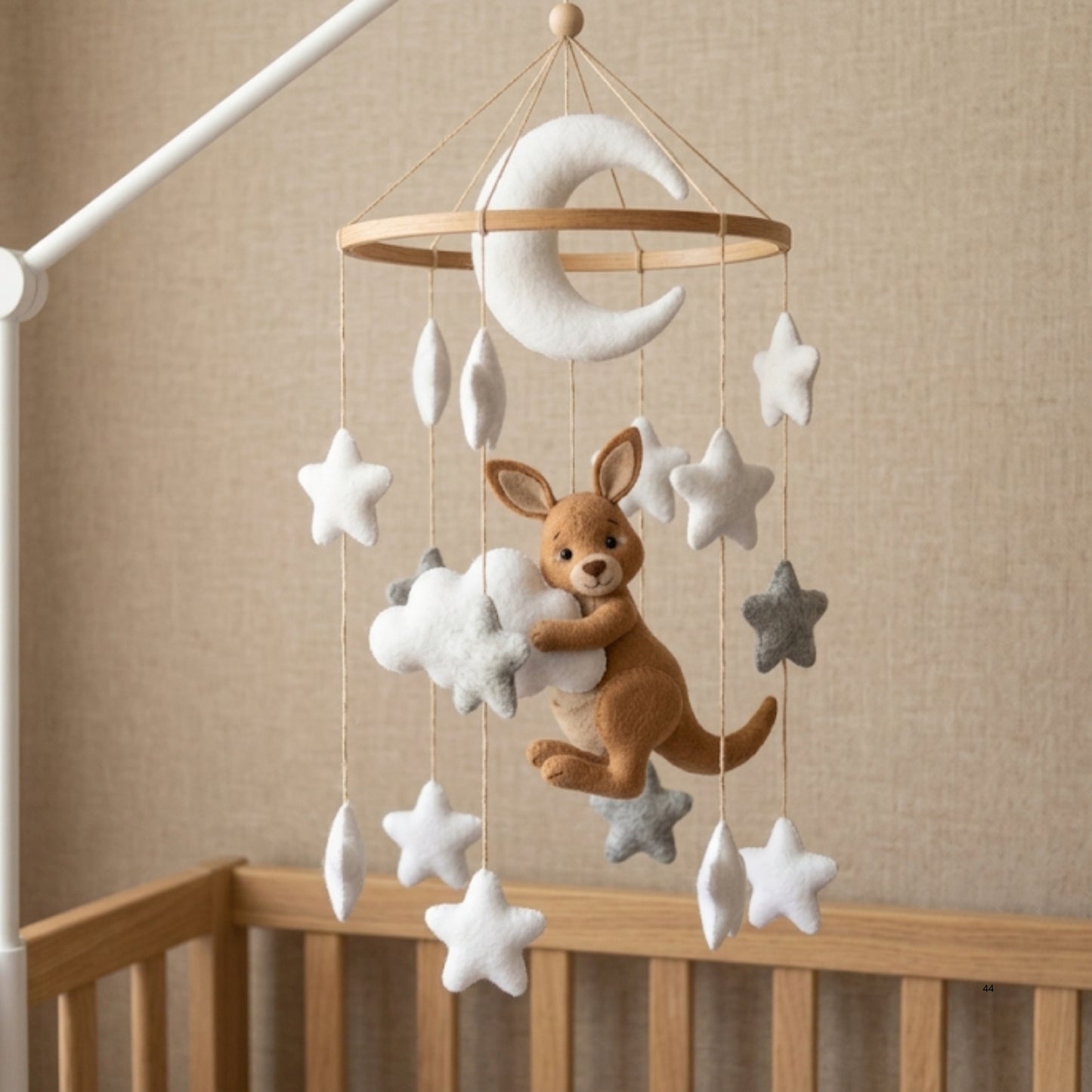Kangaroo Baby Mobile – Handmade Felt Kangaroo with Moon & Stars | Neutral Celestial Nursery Decor