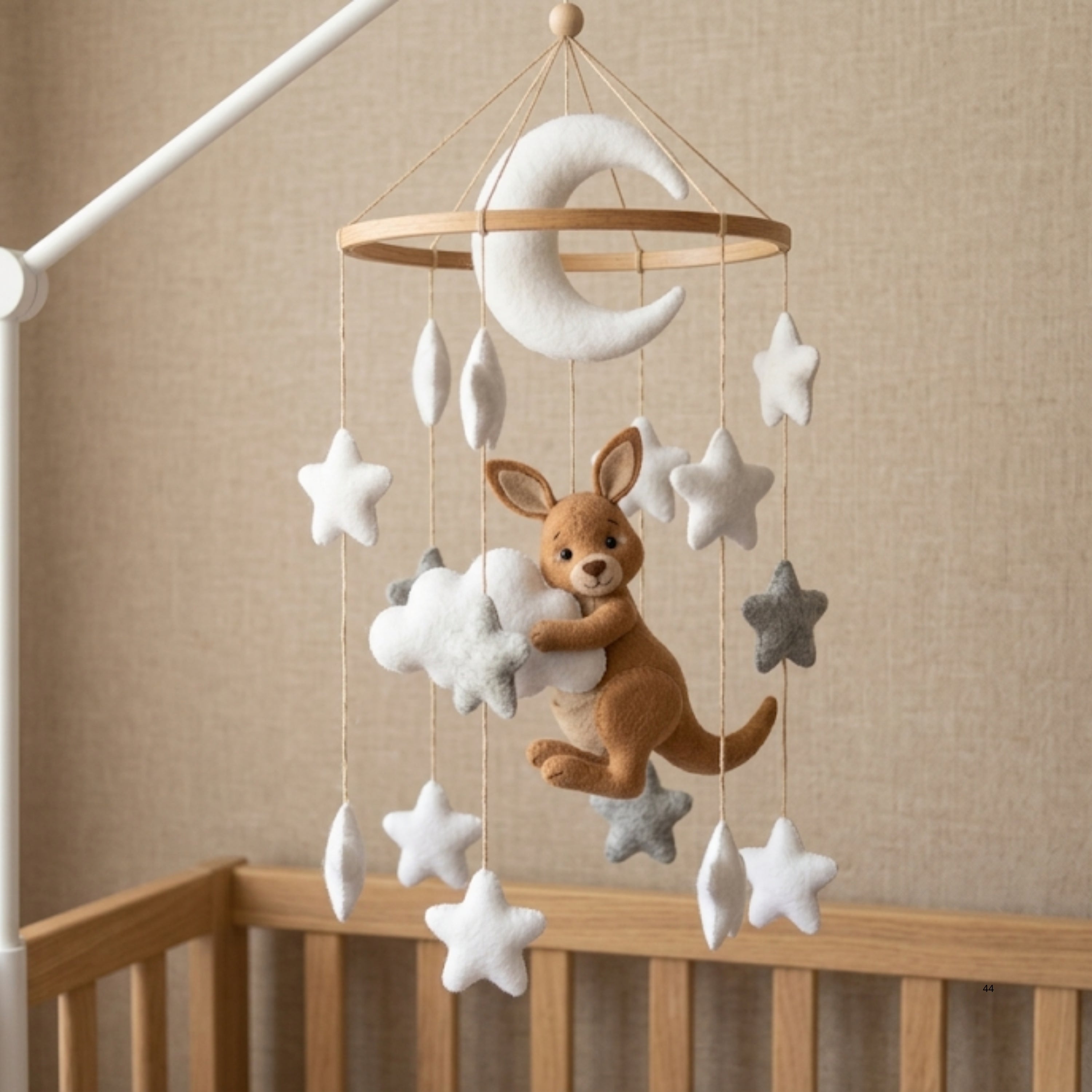 Kangaroo Baby Mobile – Handmade Felt Kangaroo with Moon & Stars | Neutral Celestial Nursery Decor