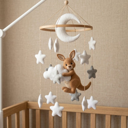 Kangaroo Baby Mobile – Handmade Felt Kangaroo with Moon & Stars | Neutral Celestial Nursery Decor