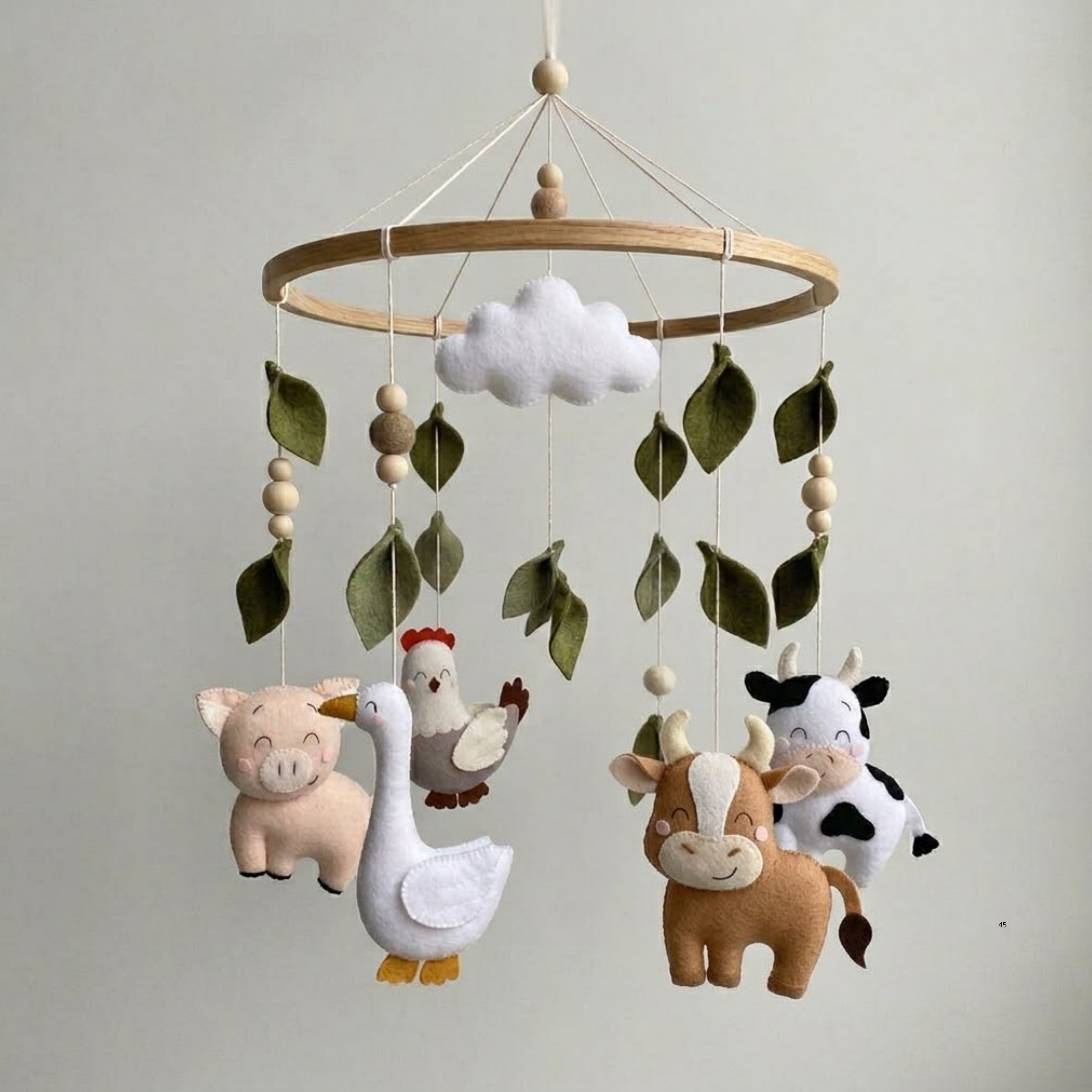 Farm Animals Baby Mobile – Handmade Felt Cow, Pig, Goose & Chicken | Farmhouse Nursery Decor with Cloud & Leaves