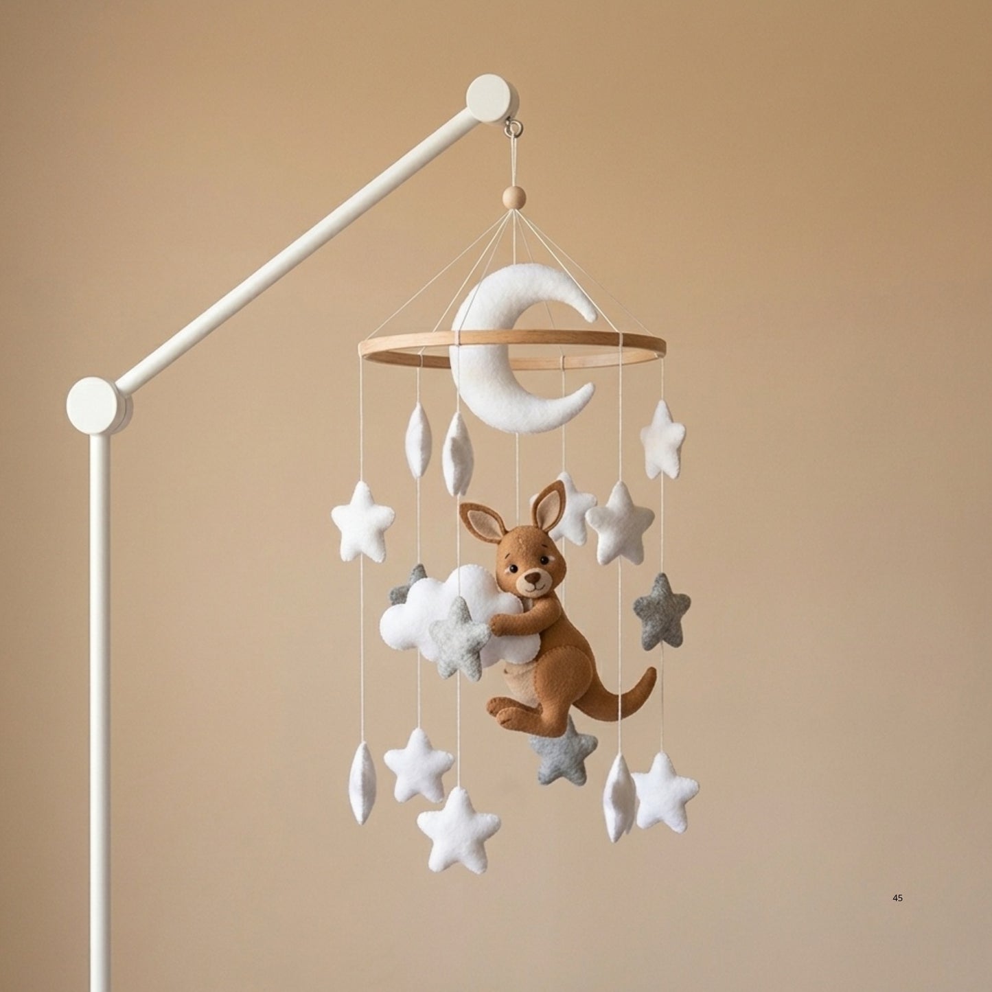 Kangaroo Baby Mobile – Handmade Felt Kangaroo with Moon & Stars | Neutral Celestial Nursery Decor
