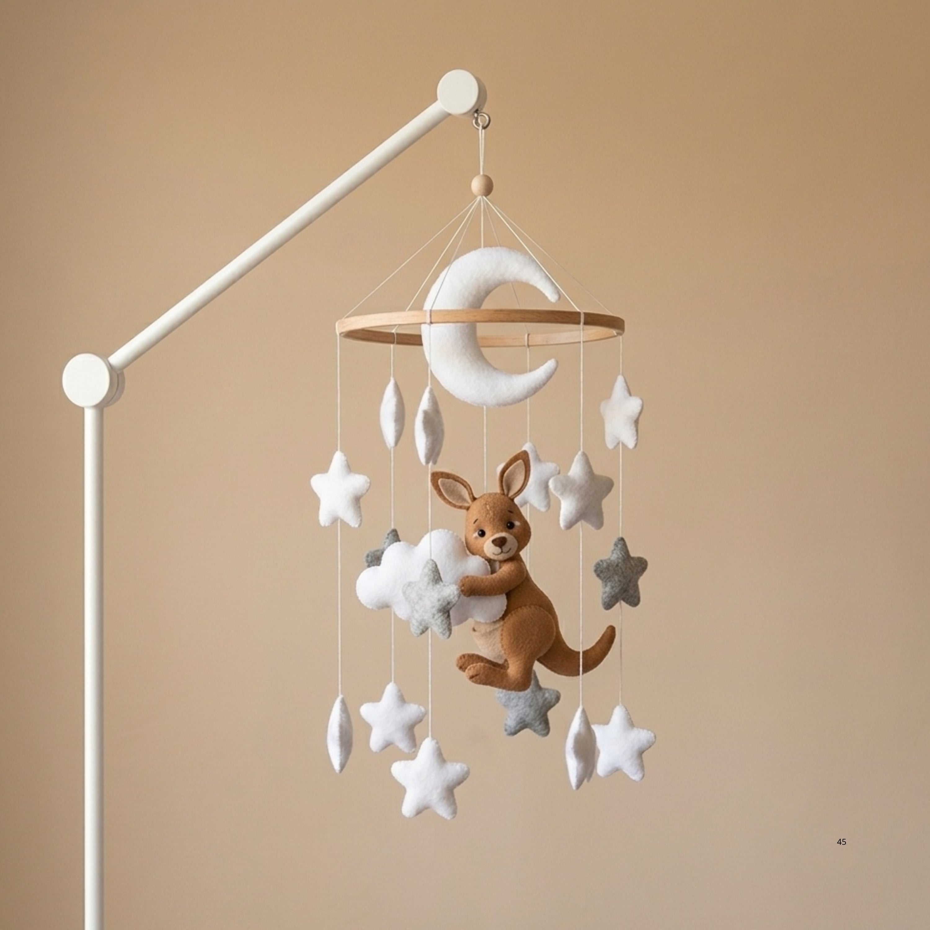 Kangaroo Baby Mobile – Handmade Felt Kangaroo with Moon & Stars | Neutral Celestial Nursery Decor