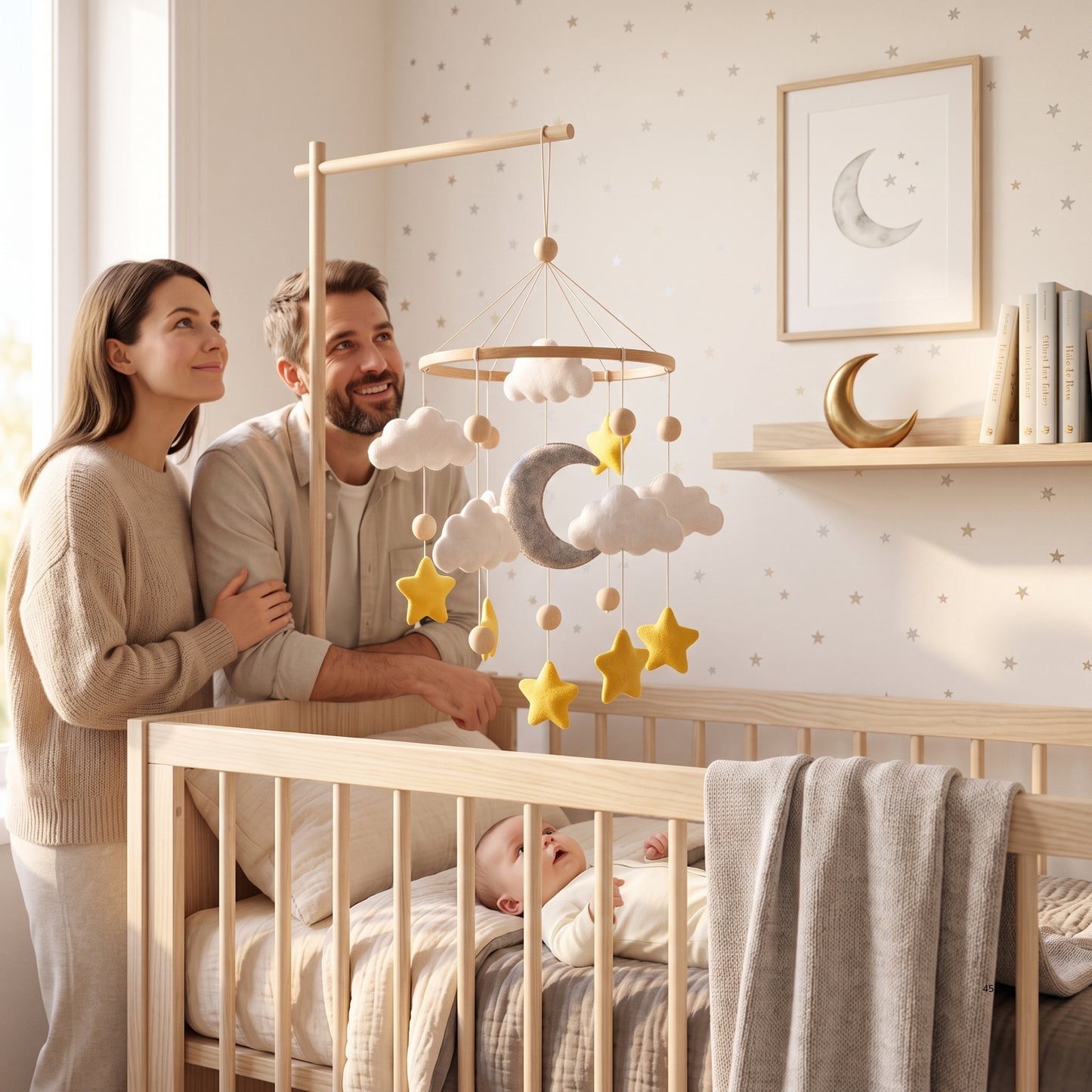 Moon & Stars Baby Mobile – Handmade Felt Crescent Moon with Gold Stars & Clouds | Neutral Celestial Nursery Decor