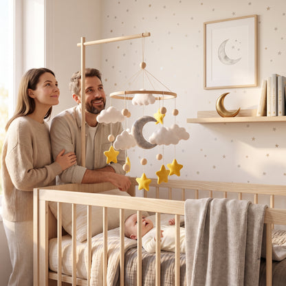 Moon & Stars Baby Mobile – Handmade Felt Crescent Moon with Gold Stars & Clouds | Neutral Celestial Nursery Decor