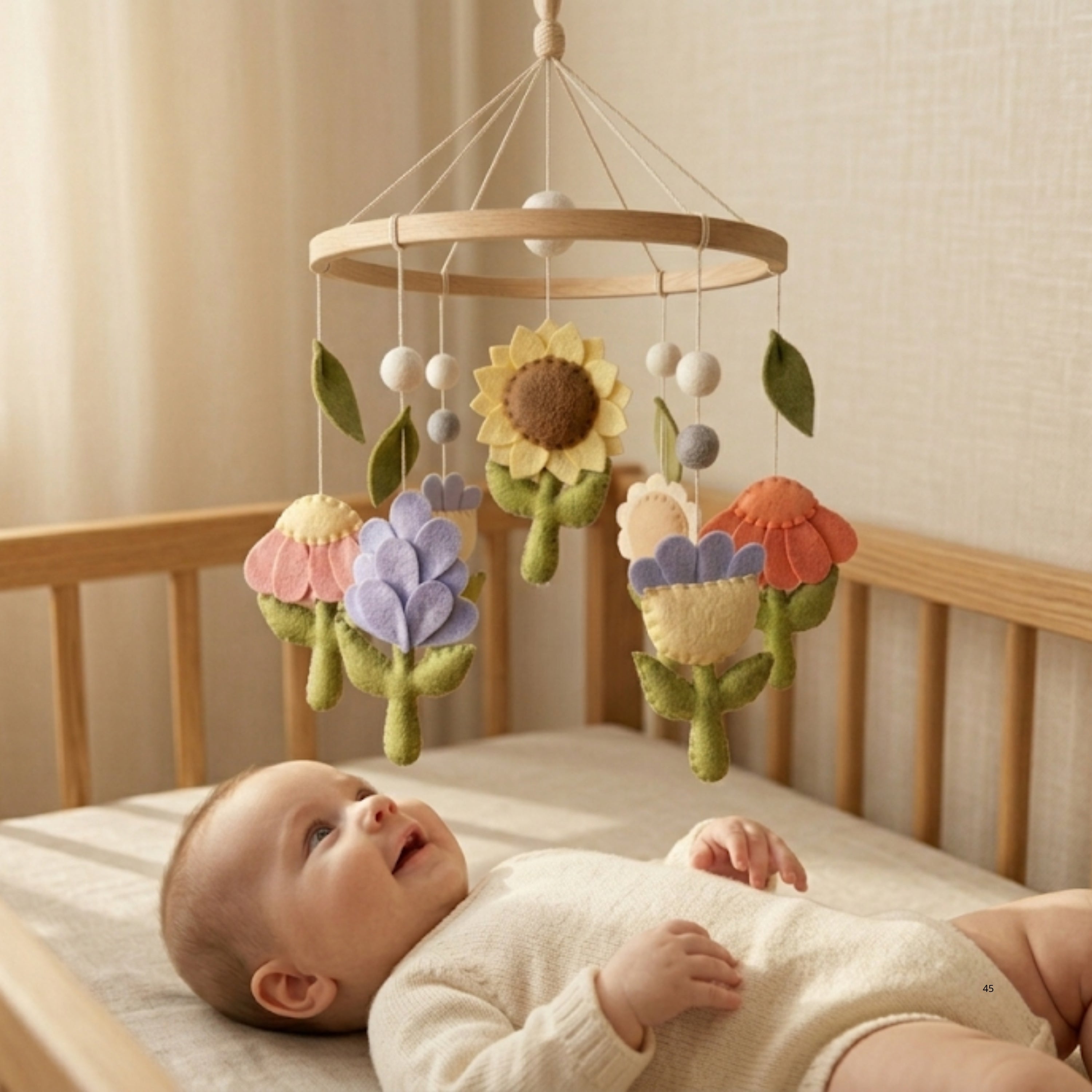 Floral Baby Mobile – Handmade Felt Flowers with Sunflower, Tulip & Daisy | Boho Garden Girl Nursery Decor
