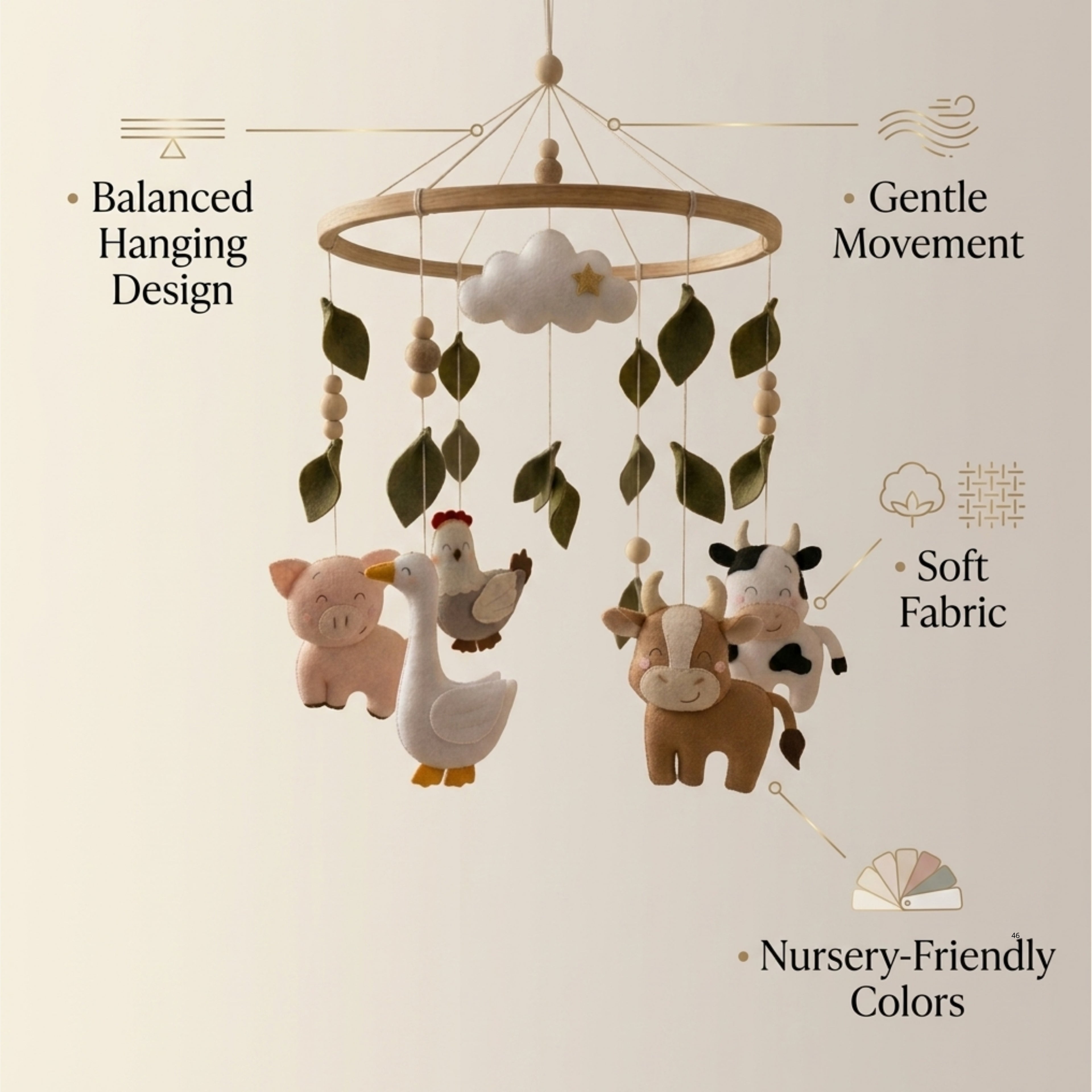 Farm Animals Baby Mobile – Handmade Felt Cow, Pig, Goose & Chicken | Farmhouse Nursery Decor with Cloud & Leaves