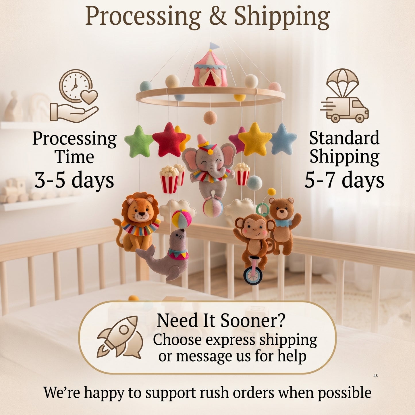 Circus Animals Baby Mobile – Handmade Felt Elephant, Lion, Monkey, Seal & Bear | Colorful Circus Nursery Decor