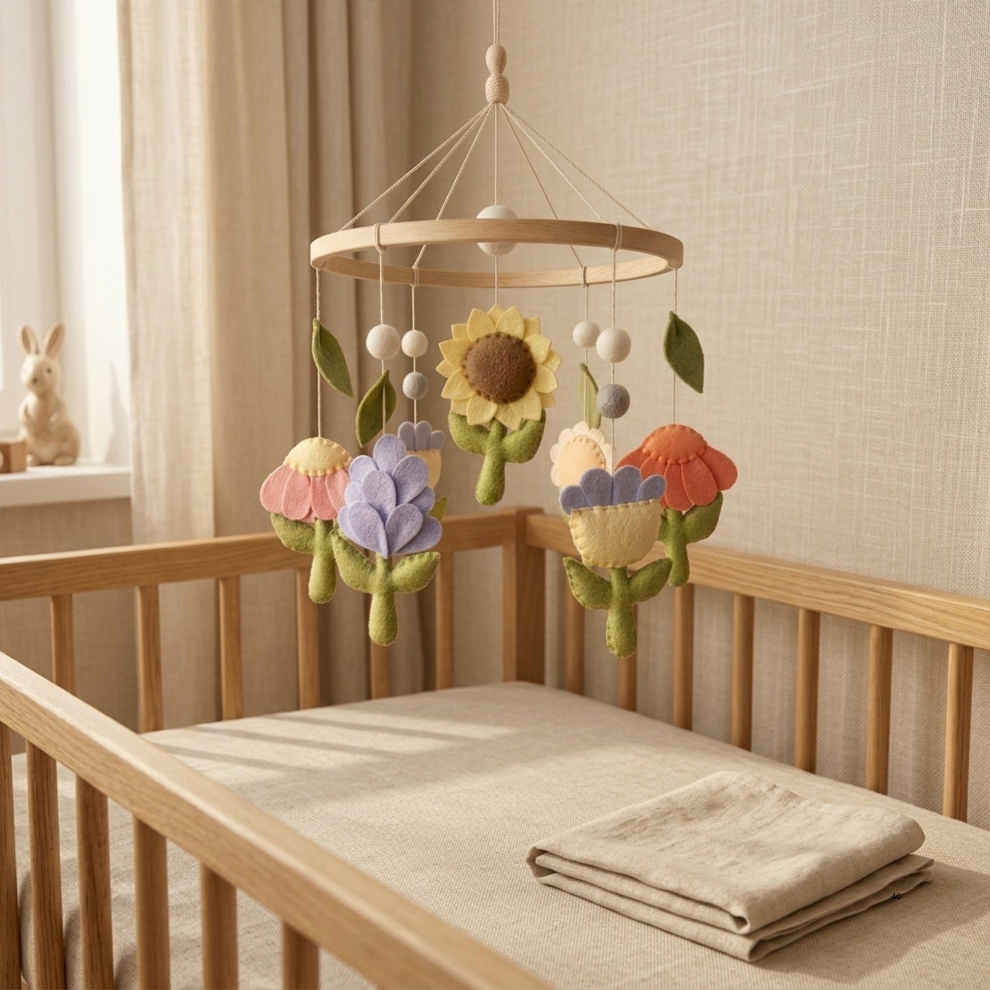 Floral Baby Mobile – Handmade Felt Flowers with Sunflower, Tulip & Daisy | Boho Garden Girl Nursery Decor