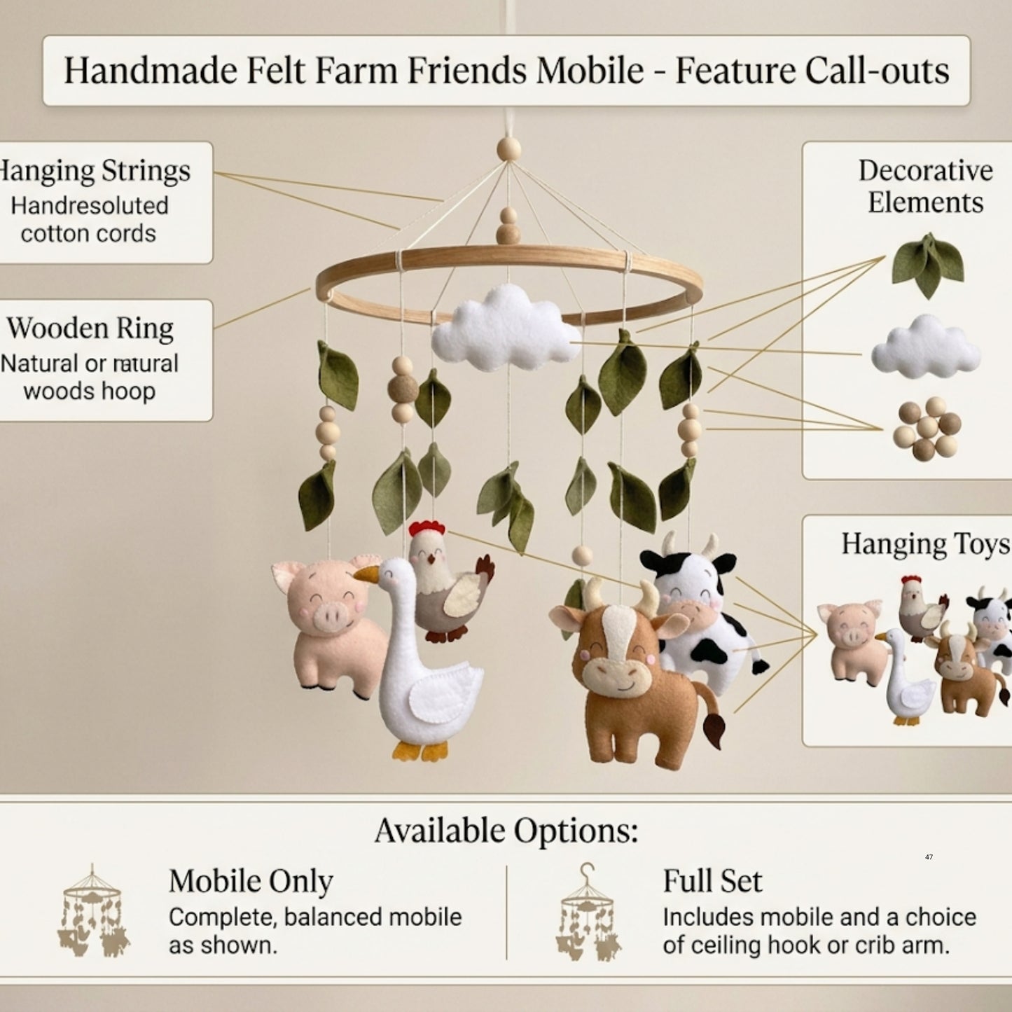 Farm Animals Baby Mobile – Handmade Felt Cow, Pig, Goose & Chicken | Farmhouse Nursery Decor with Cloud & Leaves