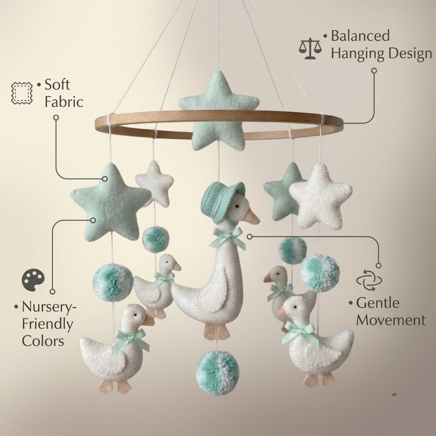 Goose Baby Mobile – Handmade Felt Mother Goose in Bonnet with Goslings & Mint Stars | Storybook Nursery Decor