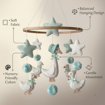 Goose Baby Mobile – Handmade Felt Mother Goose in Bonnet with Goslings & Mint Stars | Storybook Nursery Decor