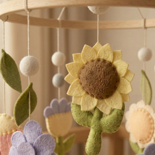 Floral Baby Mobile – Handmade Felt Flowers with Sunflower, Tulip & Daisy | Boho Garden Girl Nursery Decor