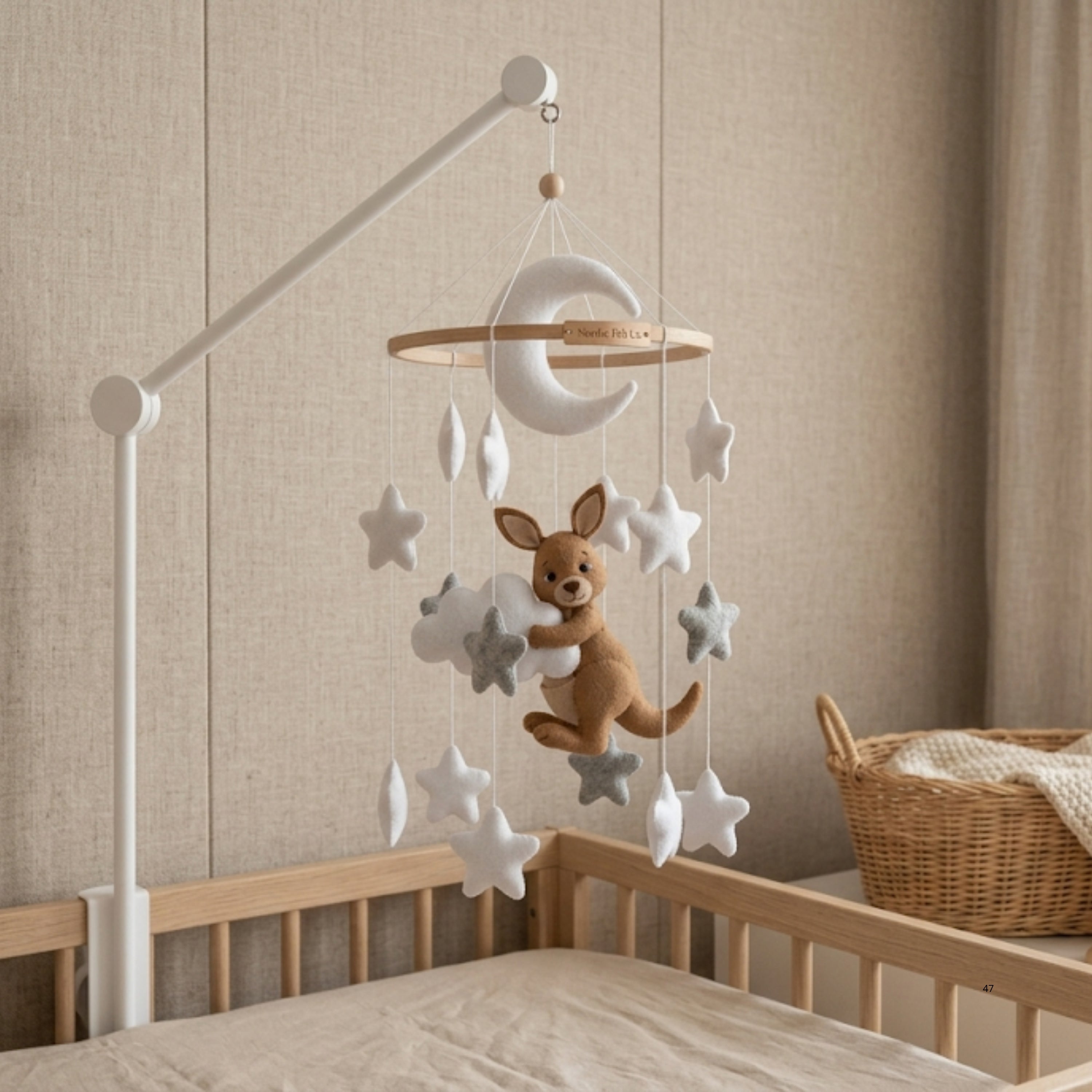 Kangaroo Baby Mobile – Handmade Felt Kangaroo with Moon & Stars | Neutral Celestial Nursery Decor
