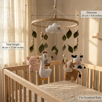 Farm Animals Baby Mobile – Handmade Felt Cow, Pig, Goose & Chicken | Farmhouse Nursery Decor with Cloud & Leaves