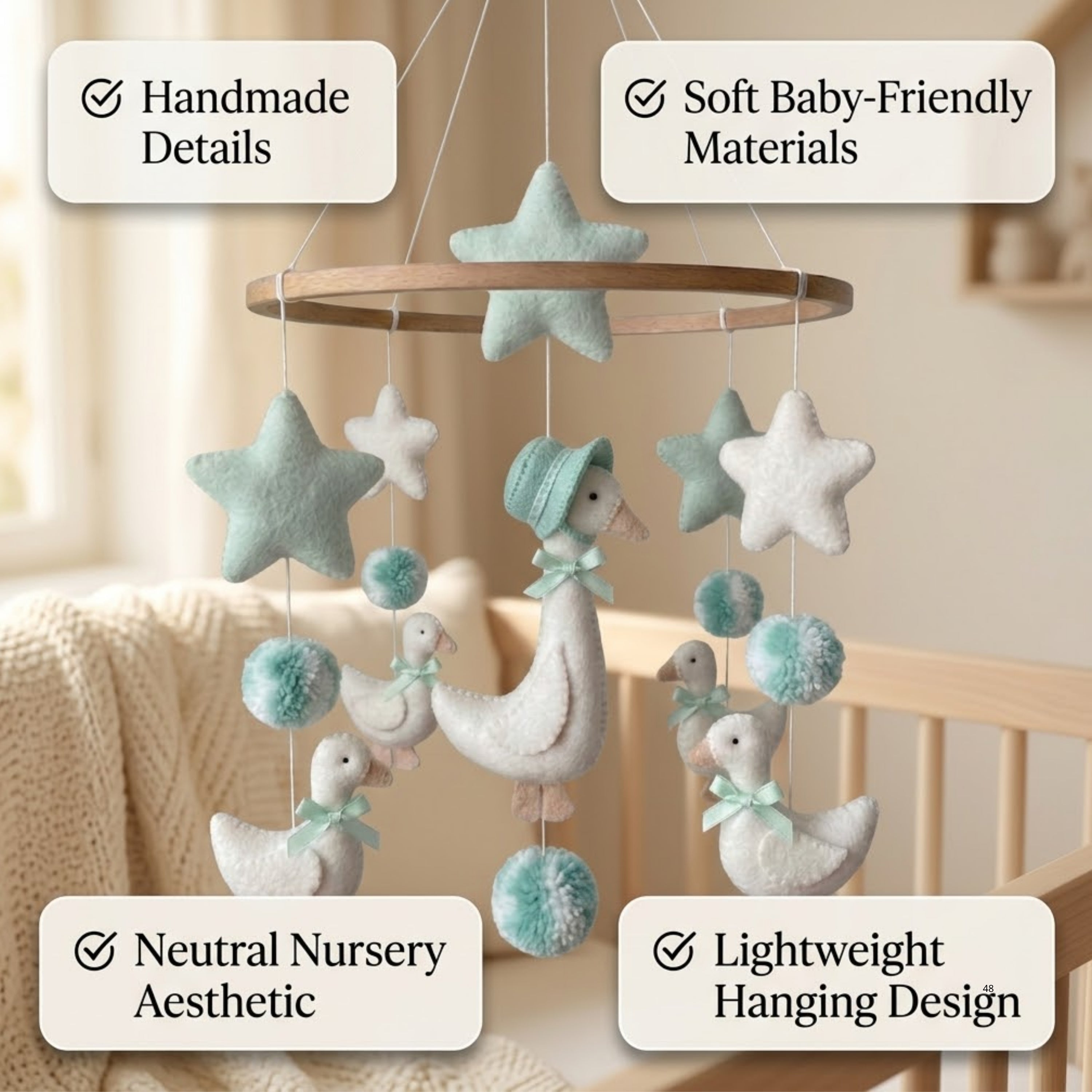 Goose Baby Mobile – Handmade Felt Mother Goose in Bonnet with Goslings & Mint Stars | Storybook Nursery Decor