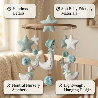 Goose Baby Mobile – Handmade Felt Mother Goose in Bonnet with Goslings & Mint Stars | Storybook Nursery Decor