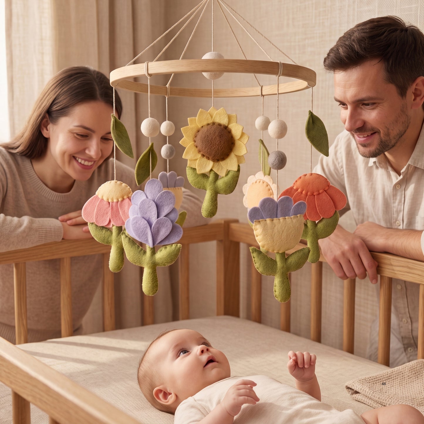 Floral Baby Mobile – Handmade Felt Flowers with Sunflower, Tulip & Daisy | Boho Garden Girl Nursery Decor