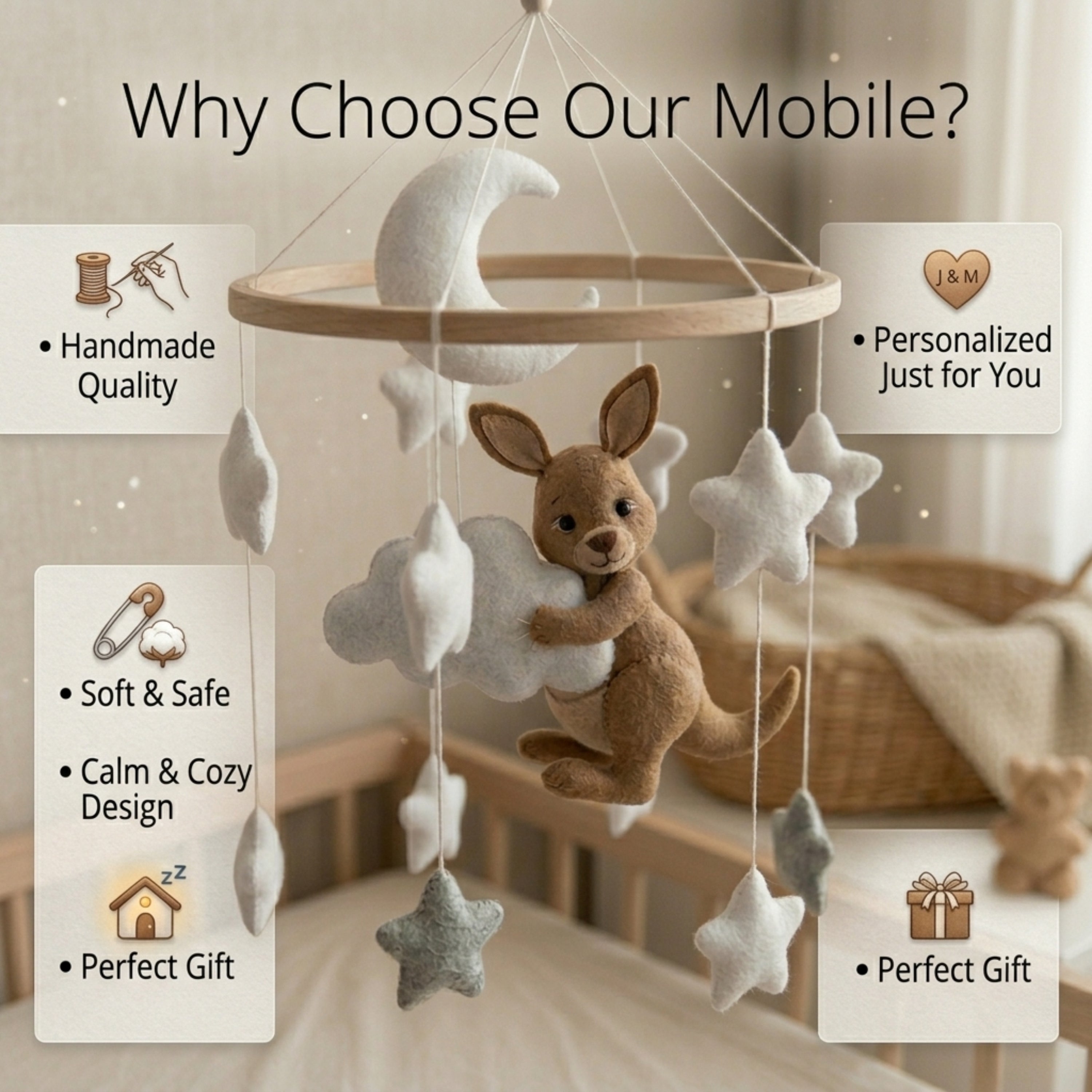 Kangaroo Baby Mobile – Handmade Felt Kangaroo with Moon & Stars | Neutral Celestial Nursery Decor