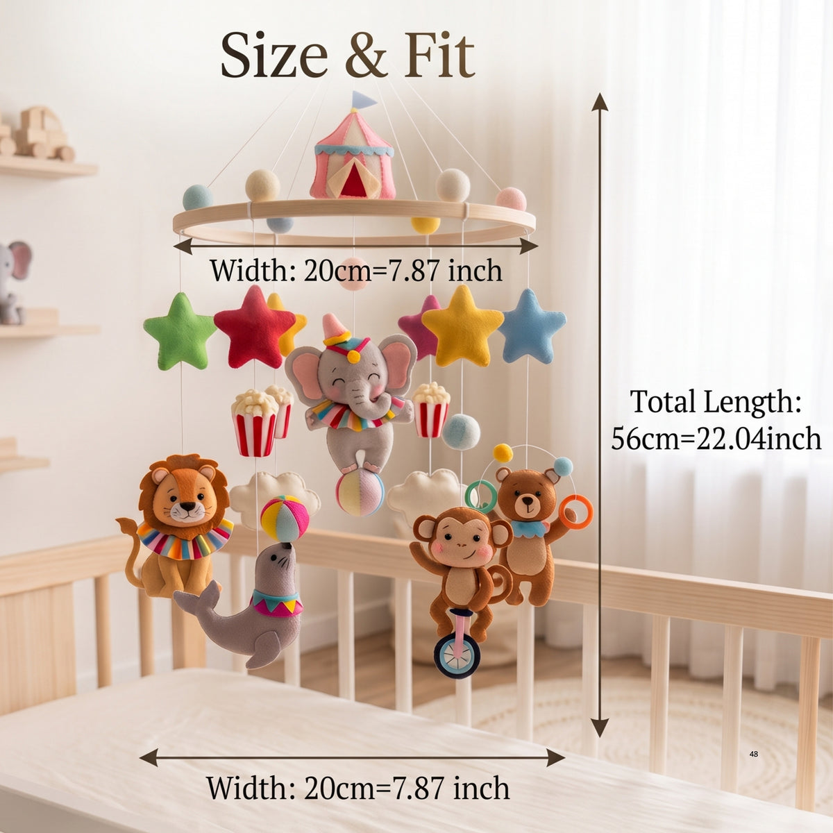 Circus Animals Baby Mobile – Handmade Felt Elephant, Lion, Monkey, Seal & Bear | Colorful Circus Nursery Decor