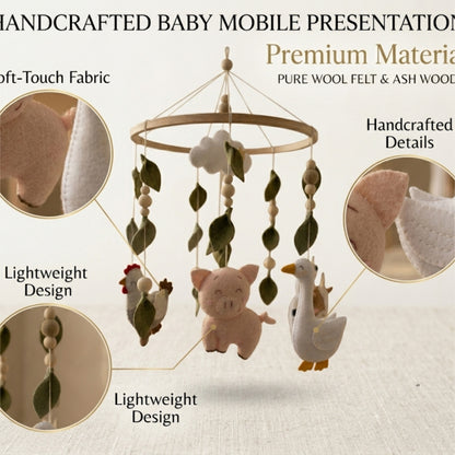 Farm Animals Baby Mobile – Handmade Felt Cow, Pig, Goose & Chicken | Farmhouse Nursery Decor with Cloud & Leaves