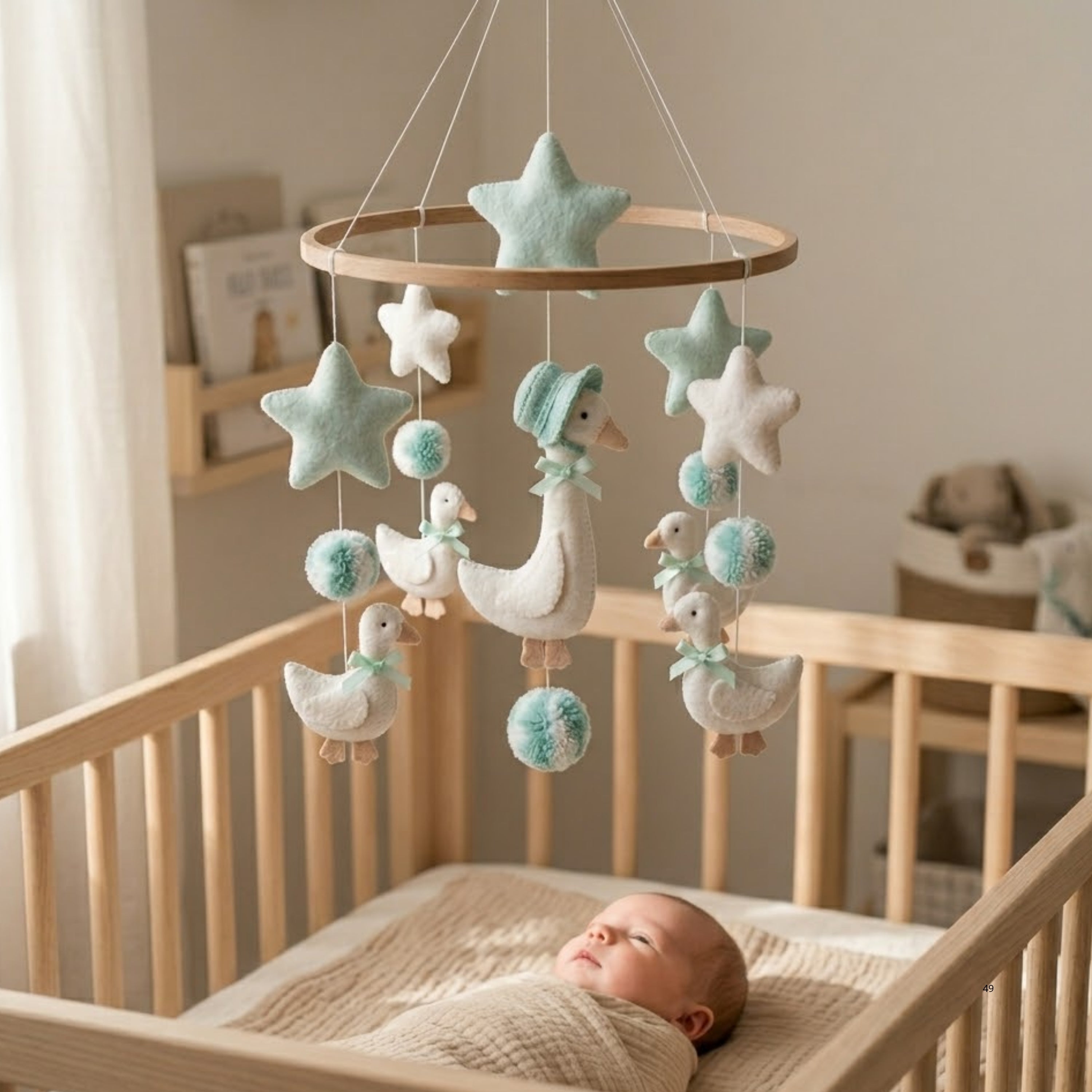 Goose Baby Mobile – Handmade Felt Mother Goose in Bonnet with Goslings & Mint Stars | Storybook Nursery Decor