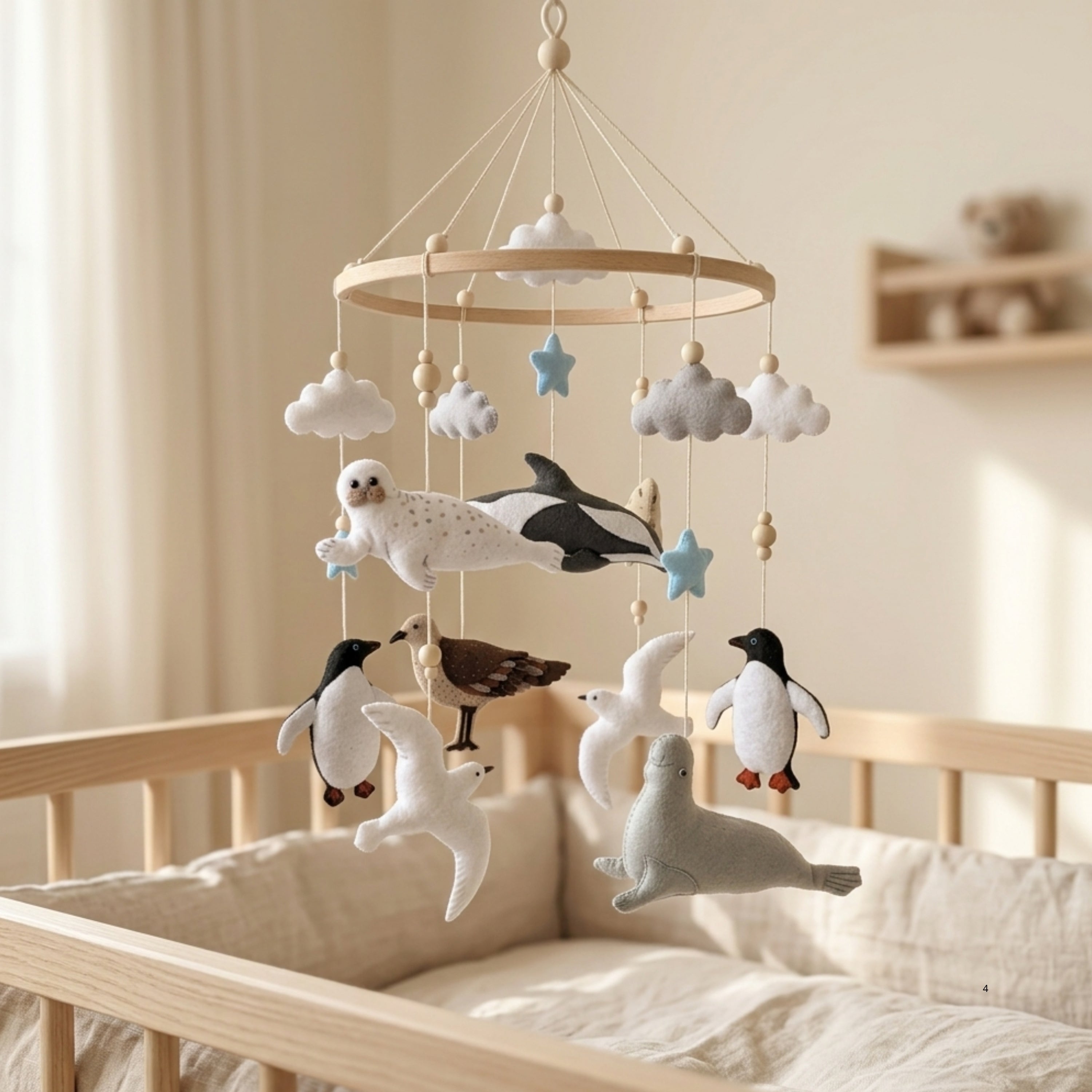 Arctic Animals Baby Mobile – Handmade Felt Orca, Seal, Penguin & Seabirds | Neutral Ocean Nursery Decor