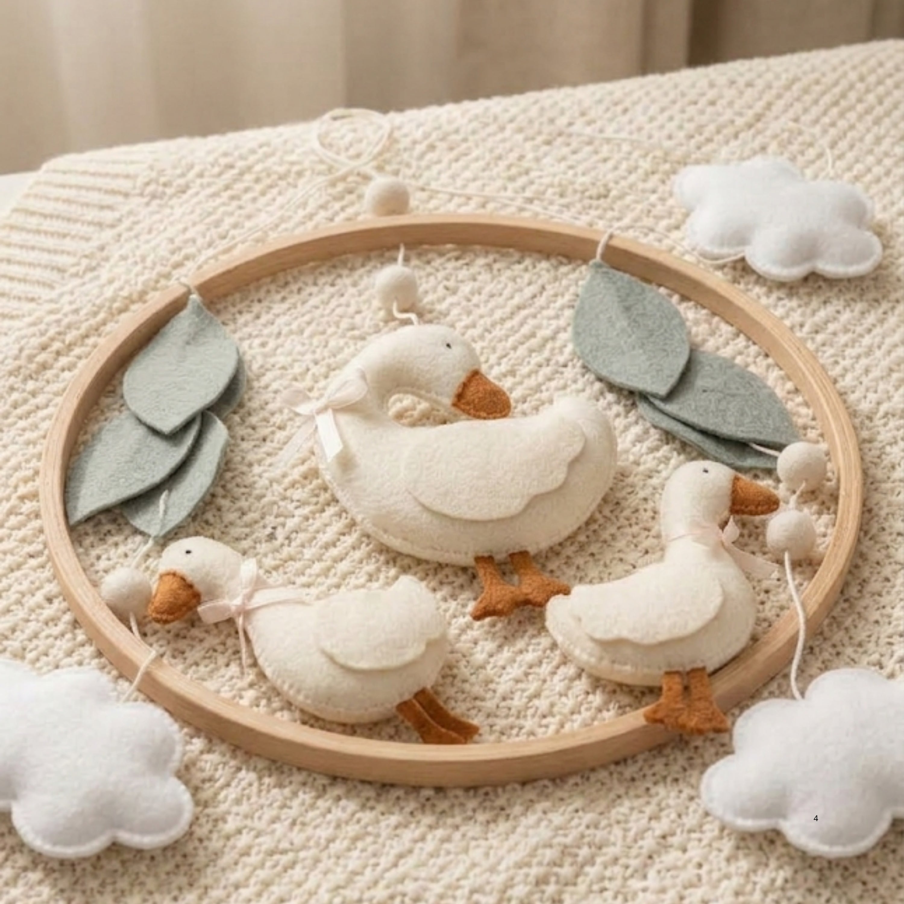 Goose Baby Mobile – Handmade Felt Geese with Clouds & Leaves | Minimalist Neutral Nursery Decor