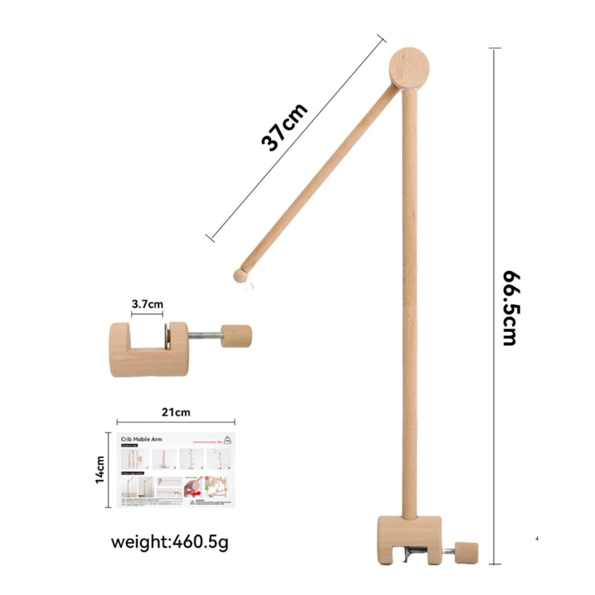 Wooden Baby Mobile Arm – Adjustable Crib Mobile Holder with Anti-Tip Base | Beech Wood Nursery Hanger in 6 Colors