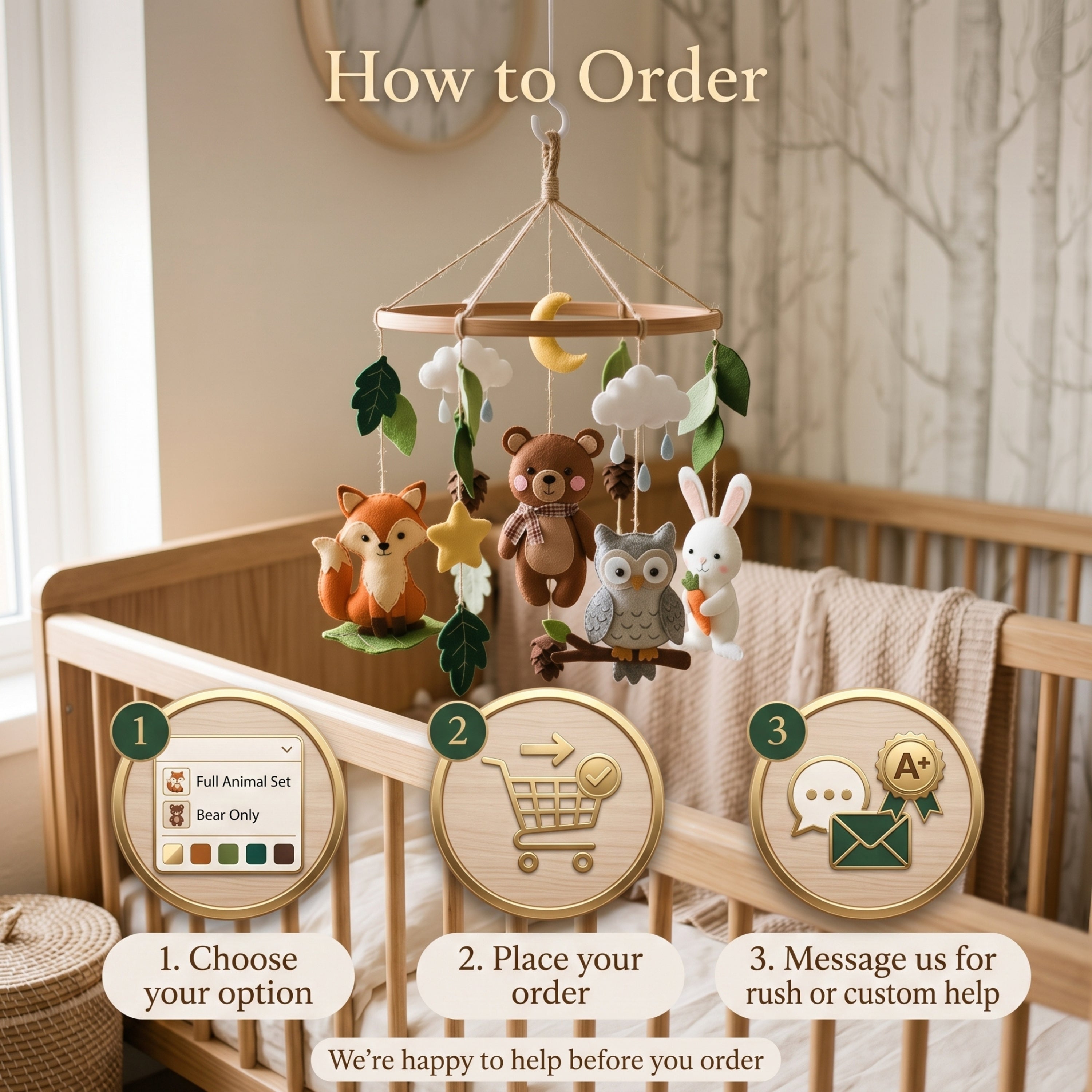 Woodland Nursery Mobile – Handmade Felt Fox, Bear, Owl & Bunny with Moon & Clouds | Forest Baby Crib Decor