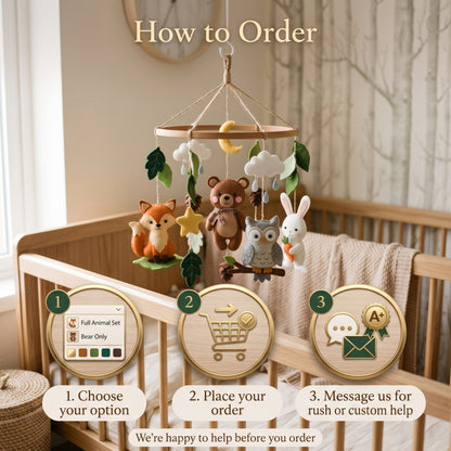 Woodland Nursery Mobile – Handmade Felt Fox, Bear, Owl & Bunny with Moon & Clouds | Forest Baby Crib Decor