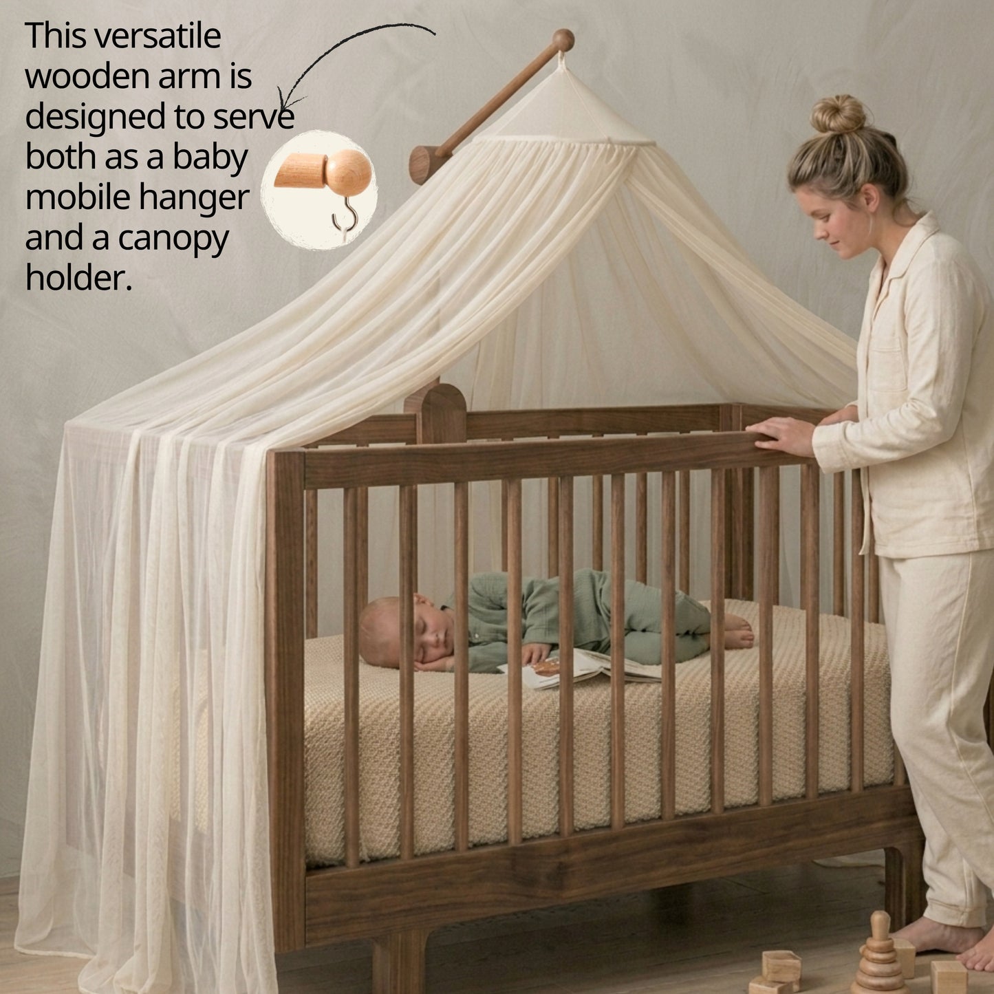 Wooden Baby Mobile Arm – Adjustable Crib Mobile Holder | Natural Beech Wood Nursery Hanger for Cribs & Playpens