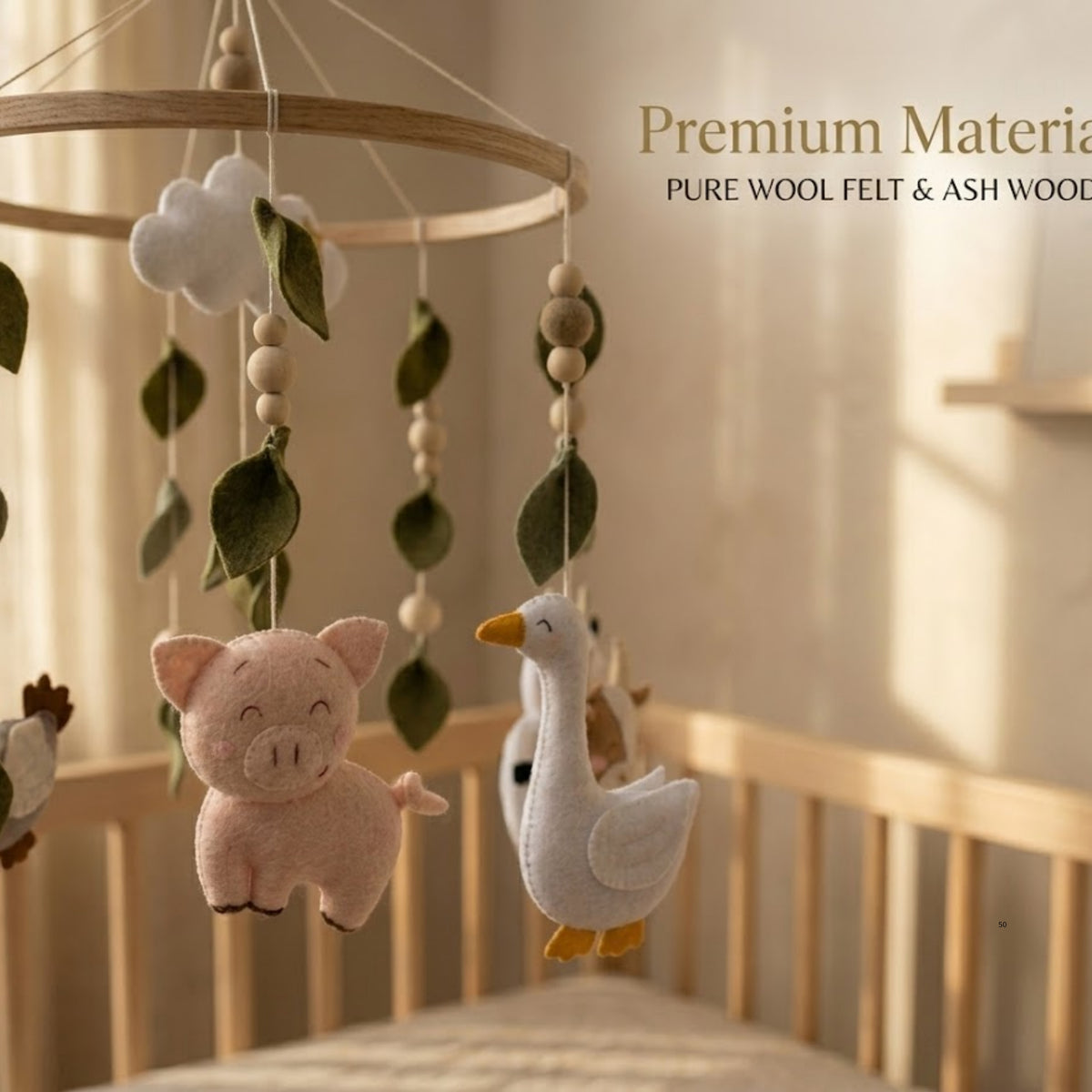 Farm Animals Baby Mobile – Handmade Felt Cow, Pig, Goose & Chicken | Farmhouse Nursery Decor with Cloud & Leaves