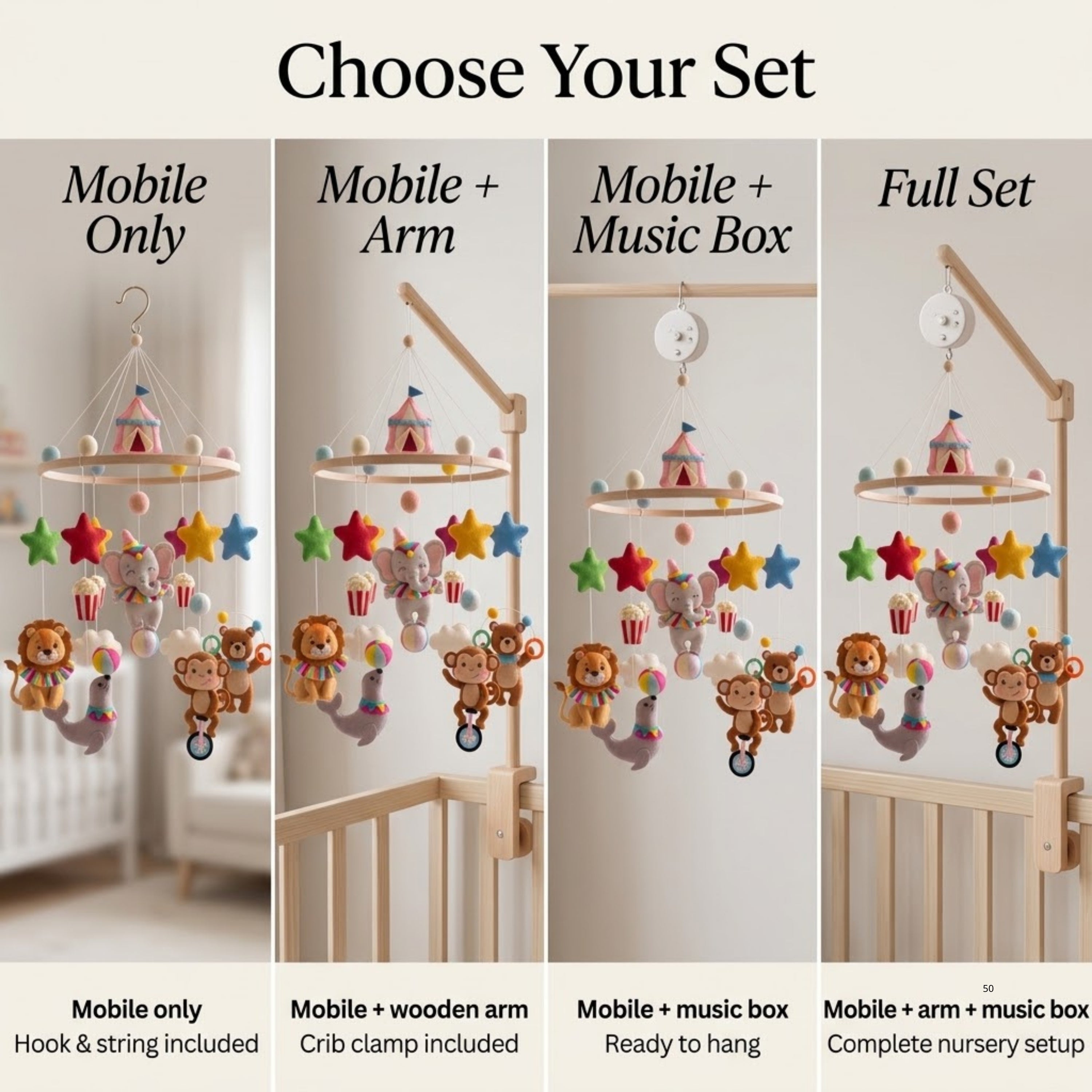 Circus Animals Baby Mobile – Handmade Felt Elephant, Lion, Monkey, Seal & Bear | Colorful Circus Nursery Decor