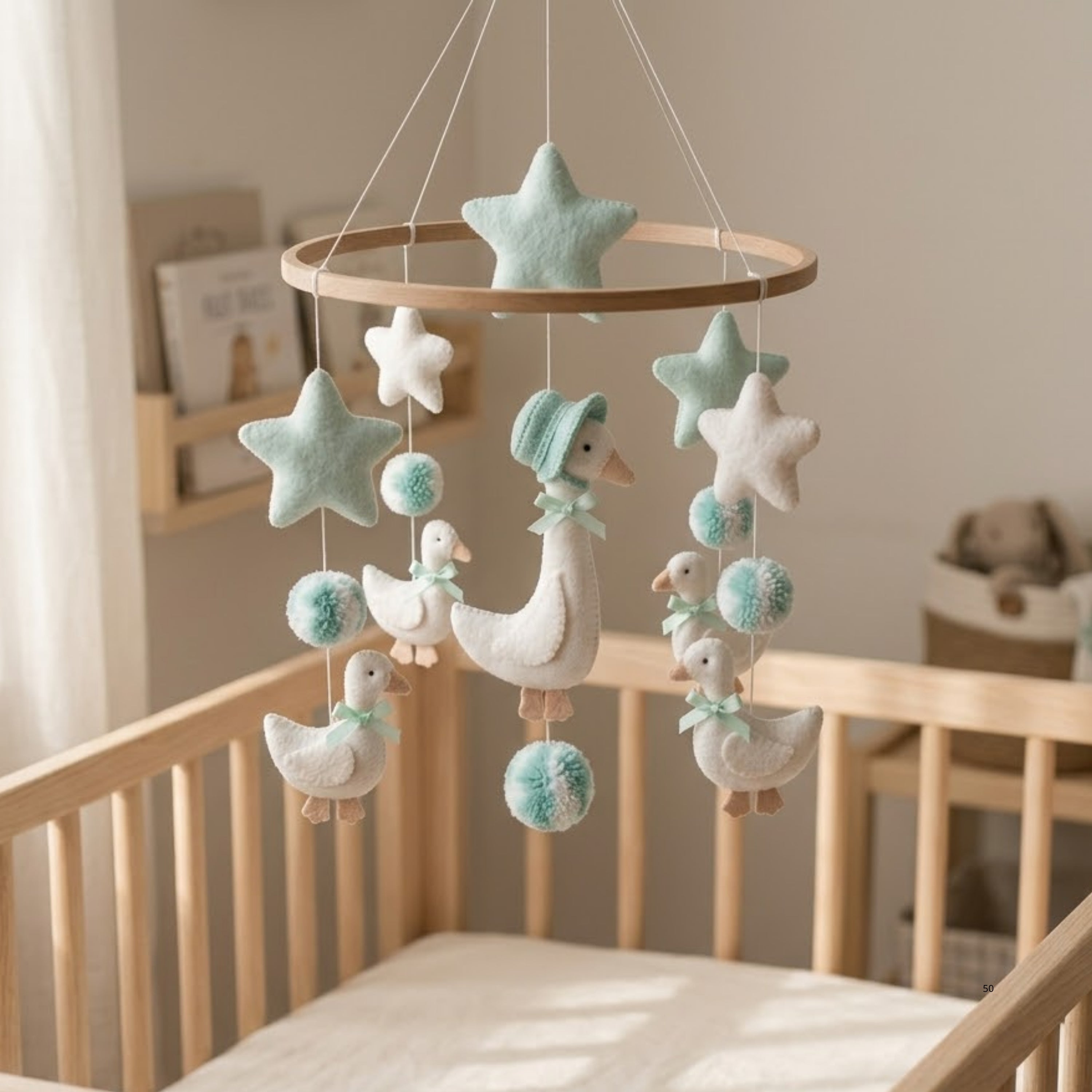Goose Baby Mobile – Handmade Felt Mother Goose in Bonnet with Goslings & Mint Stars | Storybook Nursery Decor