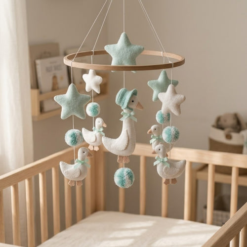 Goose Baby Mobile – Handmade Felt Mother Goose in Bonnet with Goslings & Mint Stars | Storybook Nursery Decor