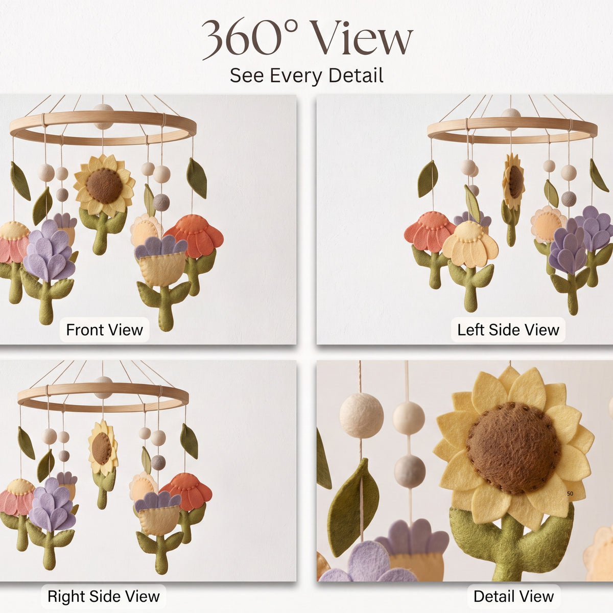Floral Baby Mobile – Handmade Felt Flowers with Sunflower, Tulip & Daisy | Boho Garden Girl Nursery Decor