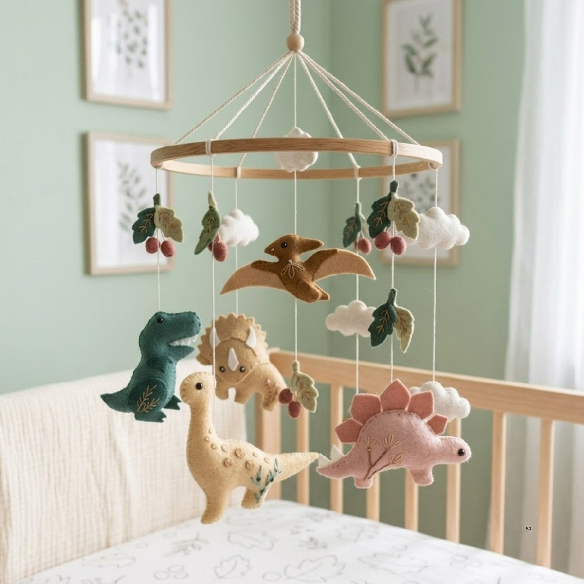 Dinosaur Baby Mobile – Handmade Felt T-Rex, Triceratops, Stegosaurus & Brontosaurus | Neutral Dino Nursery Decor