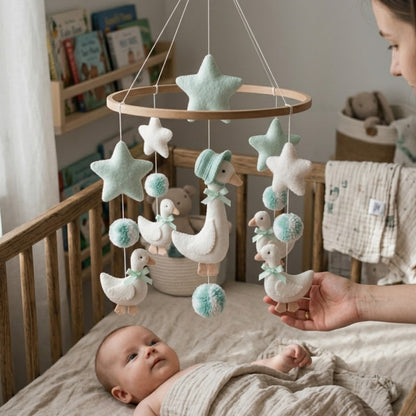 Goose Baby Mobile – Handmade Felt Mother Goose in Bonnet with Goslings & Mint Stars | Storybook Nursery Decor