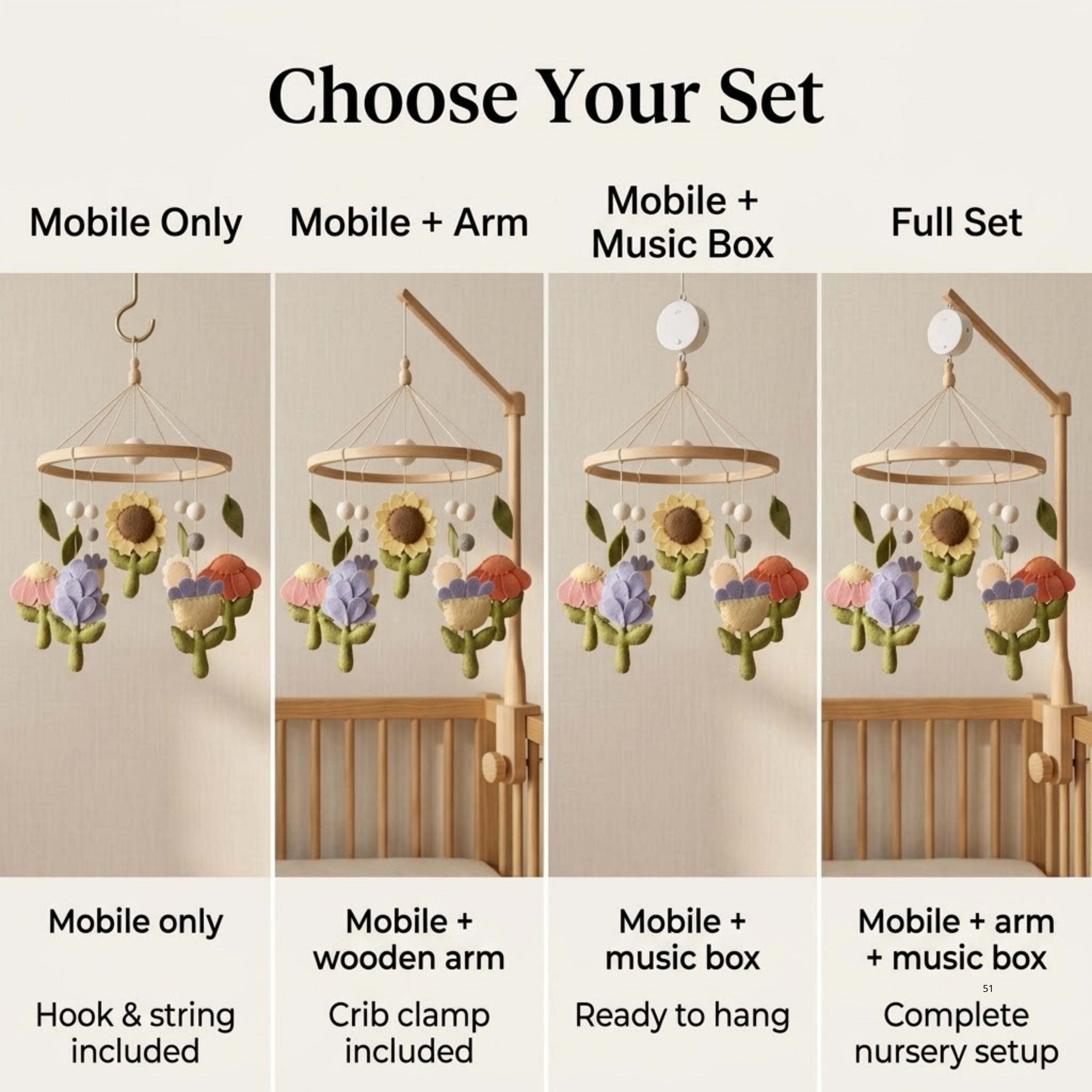 Floral Baby Mobile – Handmade Felt Flowers with Sunflower, Tulip & Daisy | Boho Garden Girl Nursery Decor