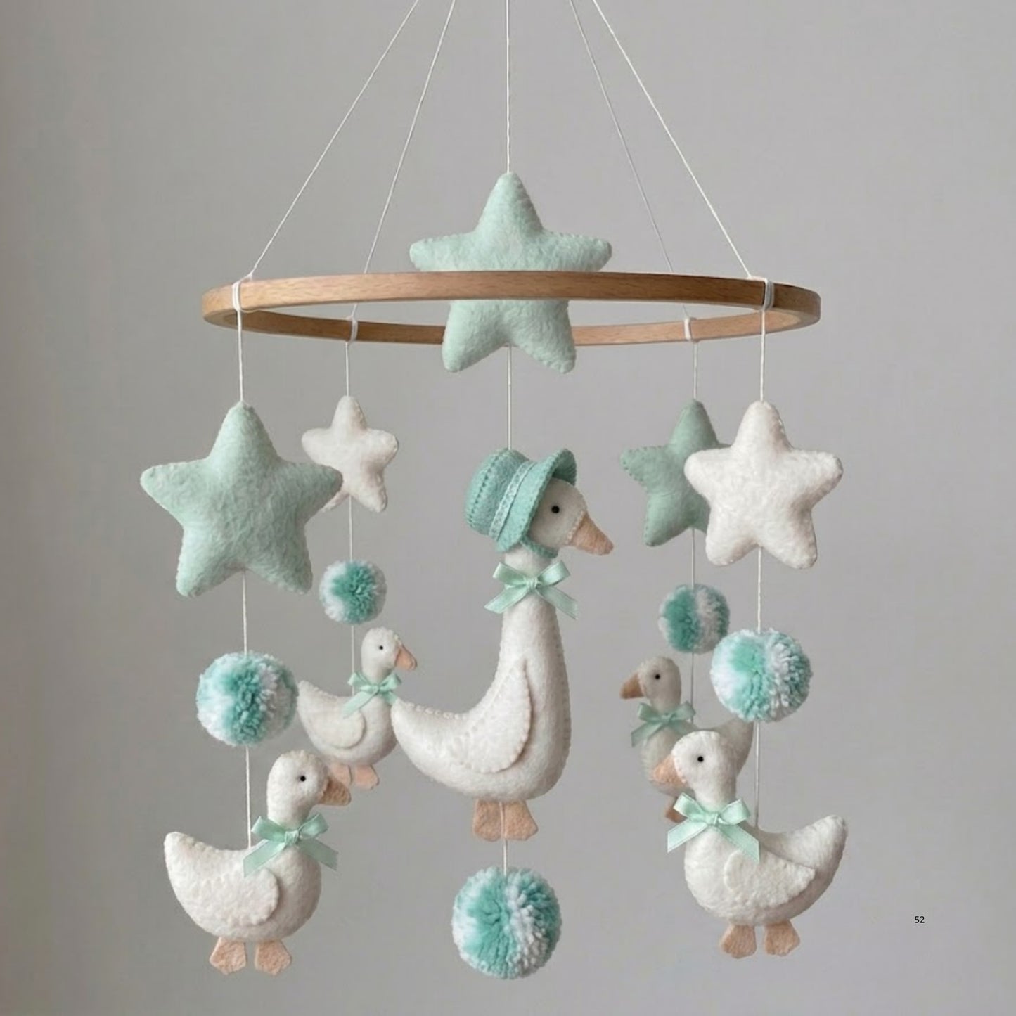 Goose Baby Mobile – Handmade Felt Mother Goose in Bonnet with Goslings & Mint Stars | Storybook Nursery Decor