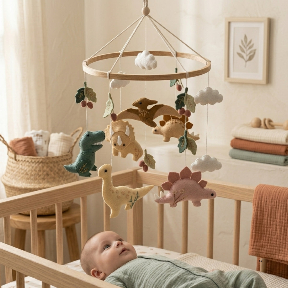 Dinosaur Baby Mobile – Handmade Felt T-Rex, Triceratops, Stegosaurus & Brontosaurus | Neutral Dino Nursery Decor