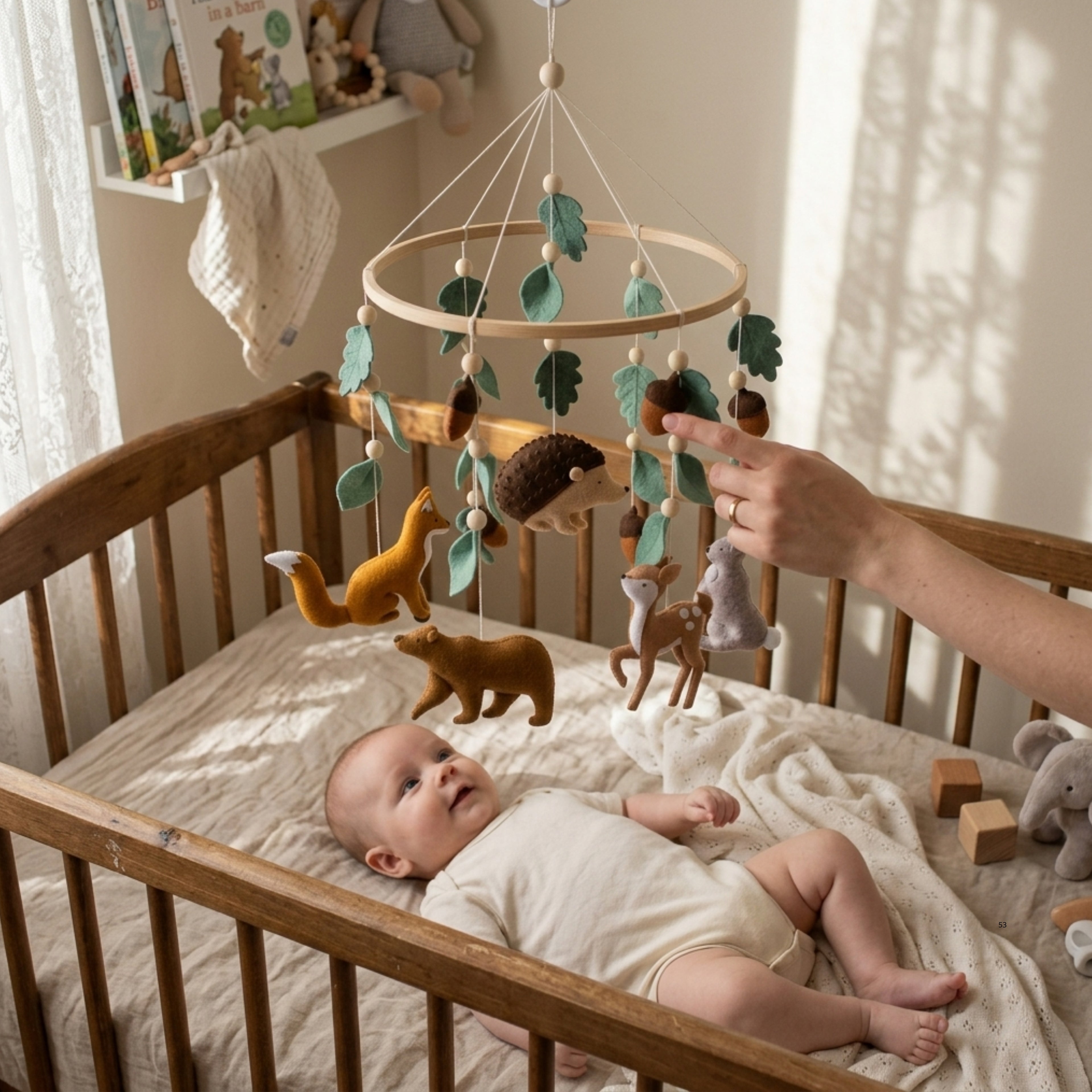 Woodland Animals Baby Mobile – Handmade Felt Fox, Bear, Deer, Hedgehog & Bunny | Forest Nursery Decor
