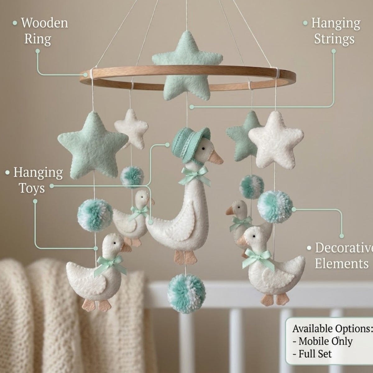Goose Baby Mobile – Handmade Felt Mother Goose in Bonnet with Goslings & Mint Stars | Storybook Nursery Decor