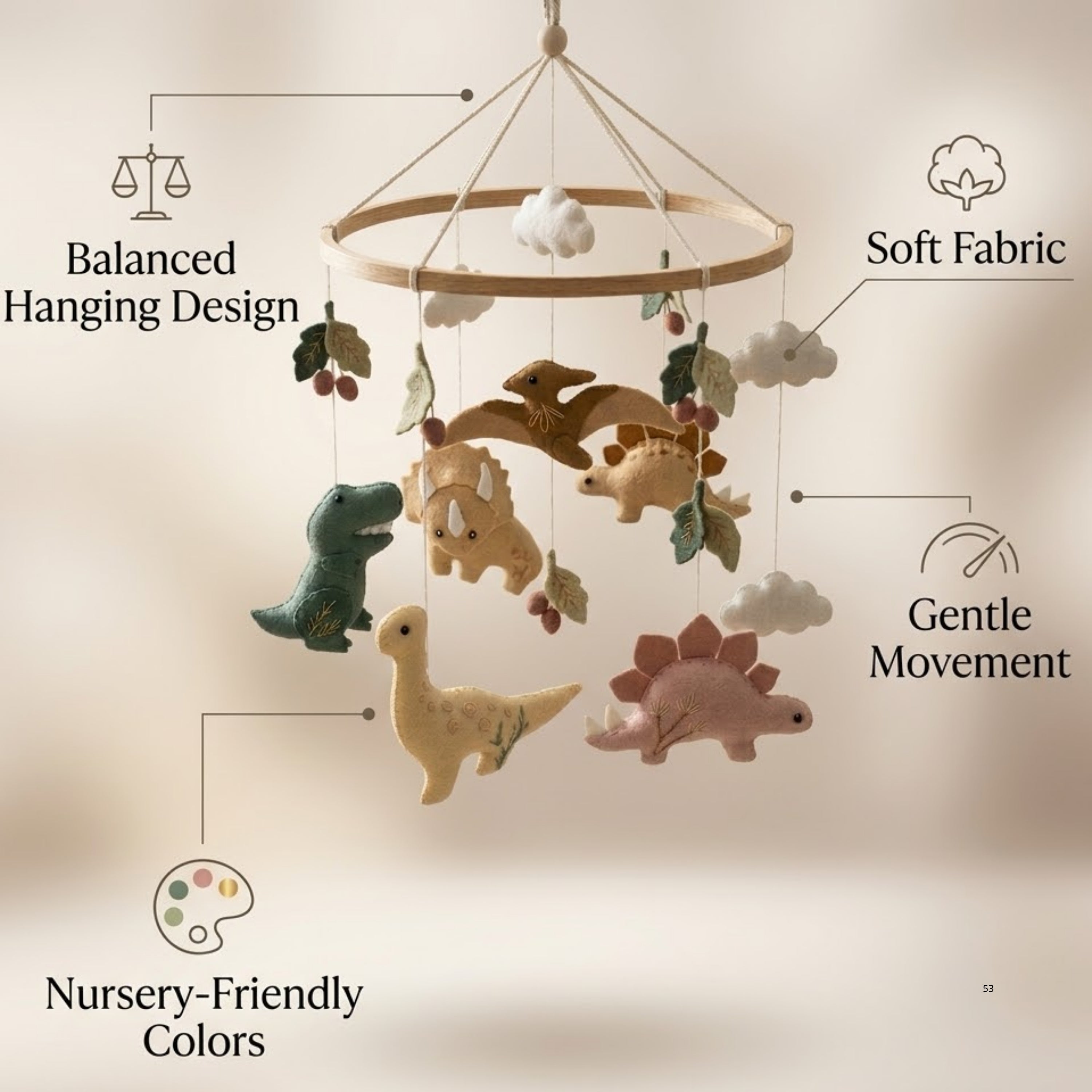 Dinosaur Baby Mobile – Handmade Felt T-Rex, Triceratops, Stegosaurus & Brontosaurus | Neutral Dino Nursery Decor