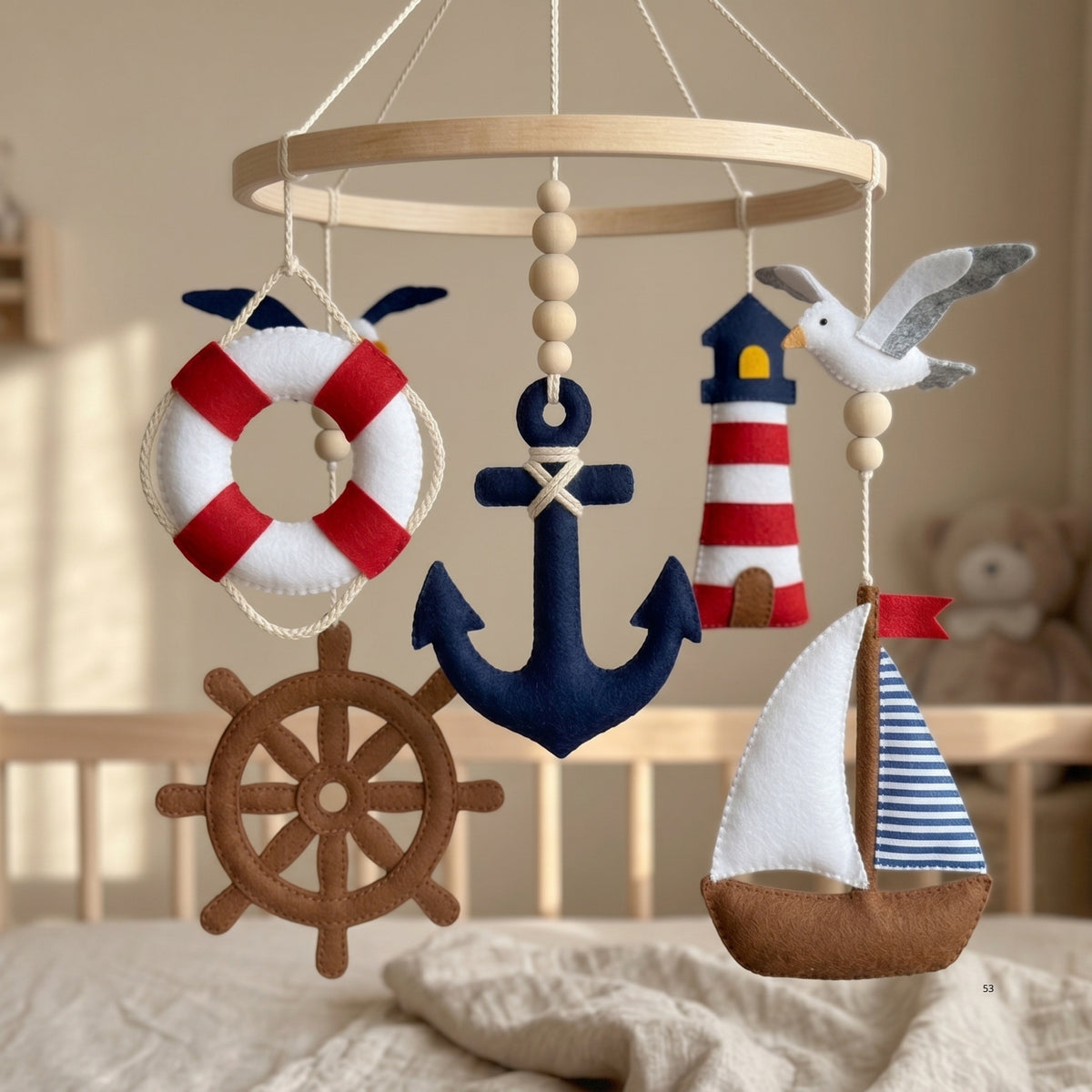 Nautical Baby Mobile – Handmade Felt Anchor, Sailboat, Lighthouse & Ship Wheel | Sailor Nursery Decor