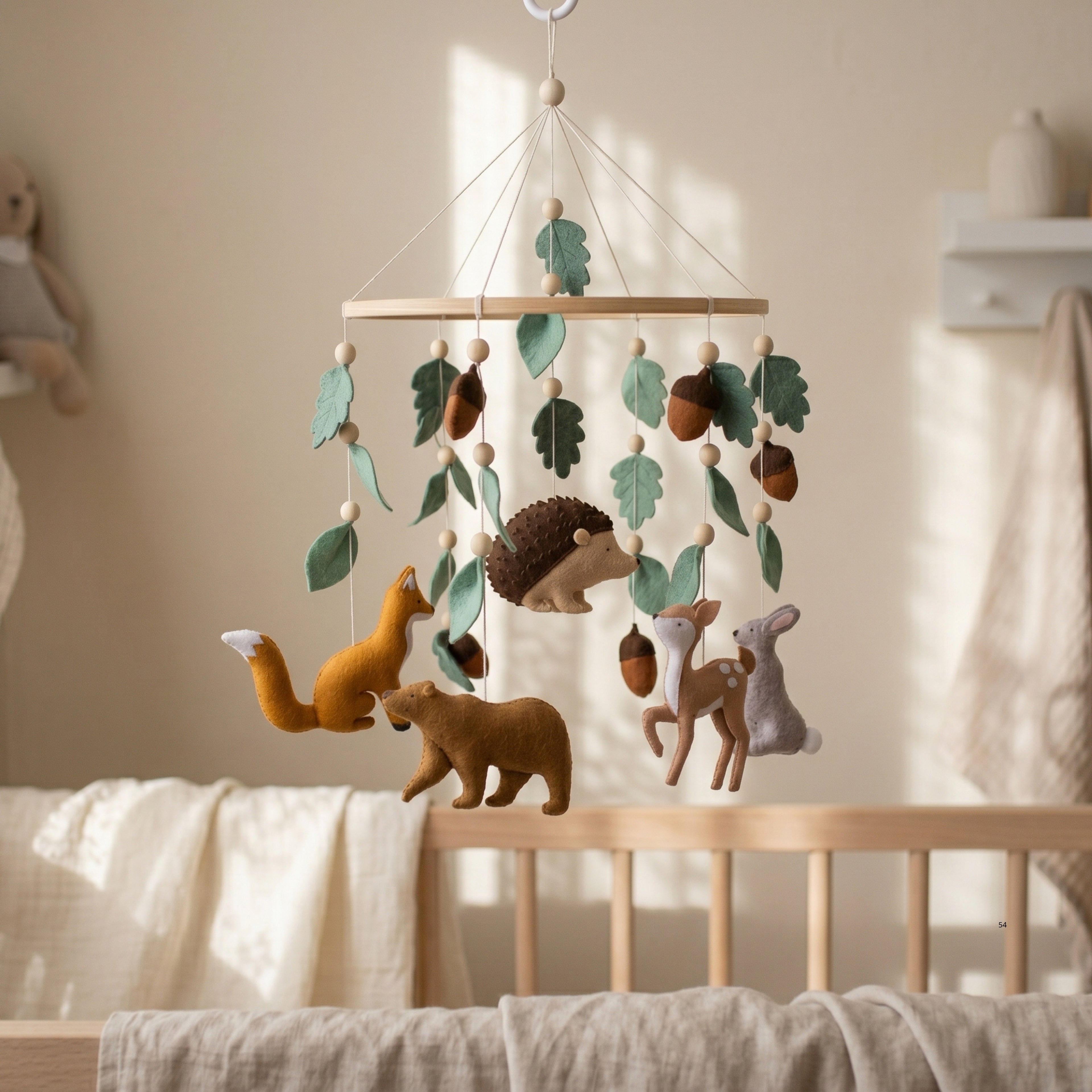 Woodland Animals Baby Mobile – Handmade Felt Fox, Bear, Deer, Hedgehog & Bunny | Forest Nursery Decor